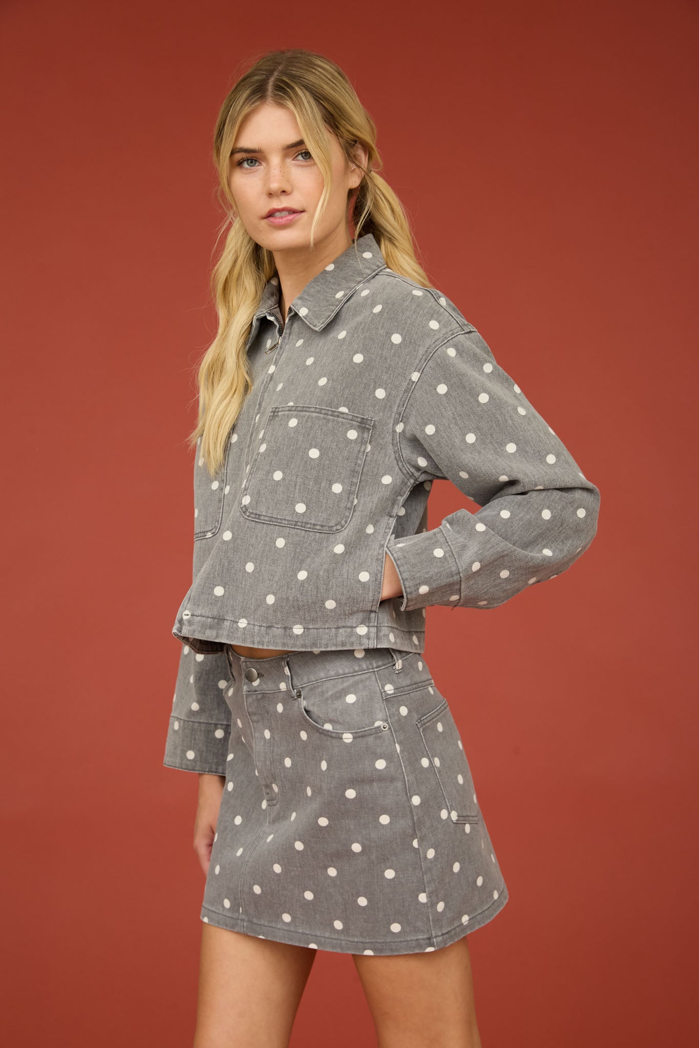 POLKA DOT COLLARED ZIP-UP DENIM JACKET (PRE-ORDER)