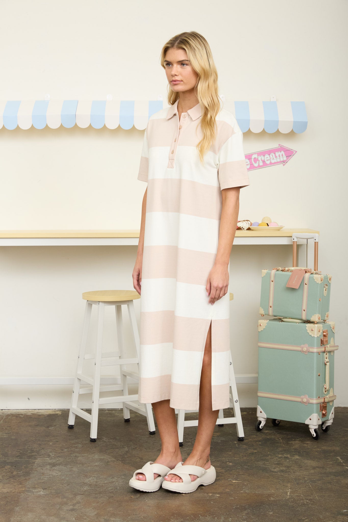 WIDE STRIPE COLLARED SHORT SLEEVE MIDI SHIRT DRESS