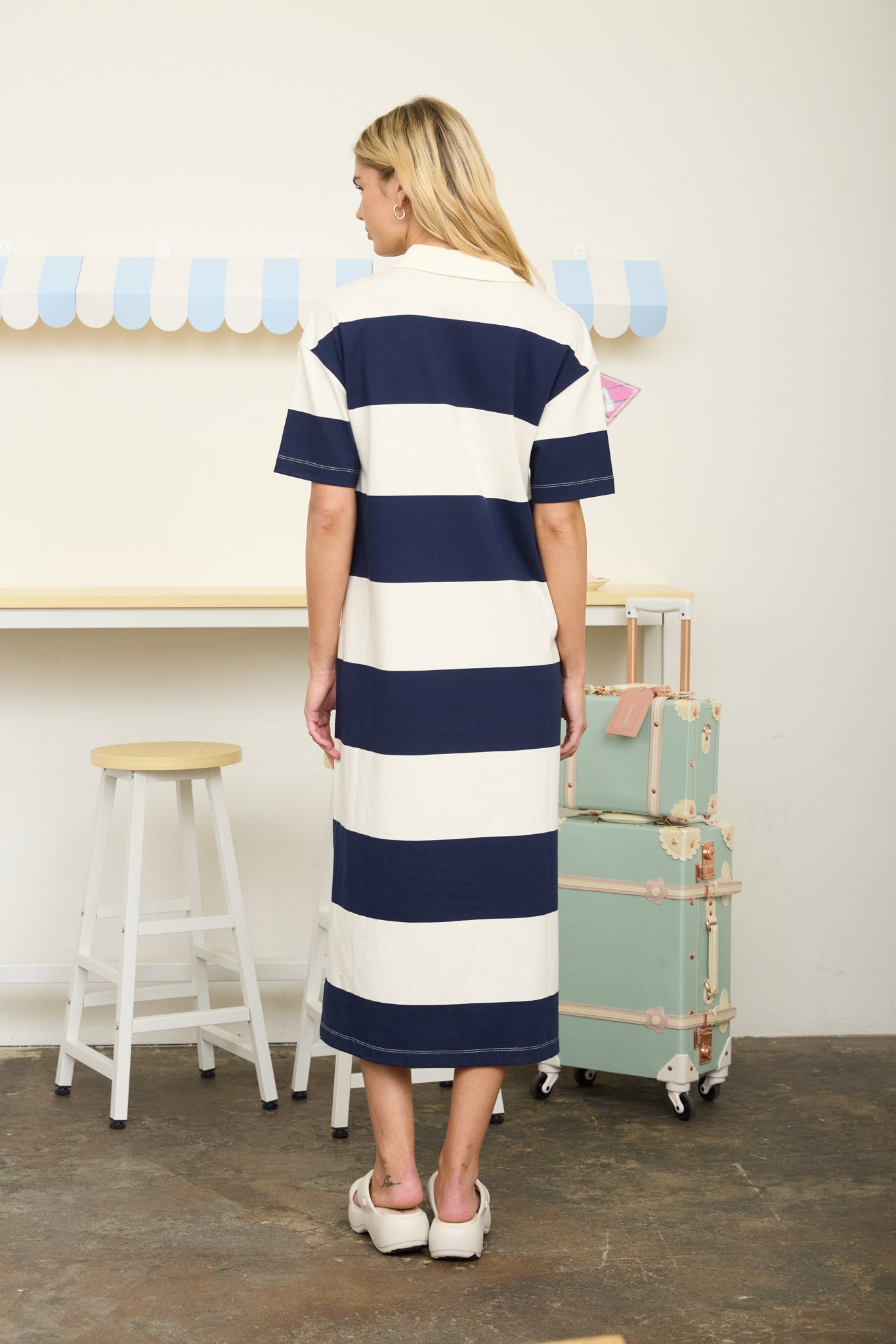 WIDE STRIPE COLLARED SHORT SLEEVE MIDI SHIRT DRESS