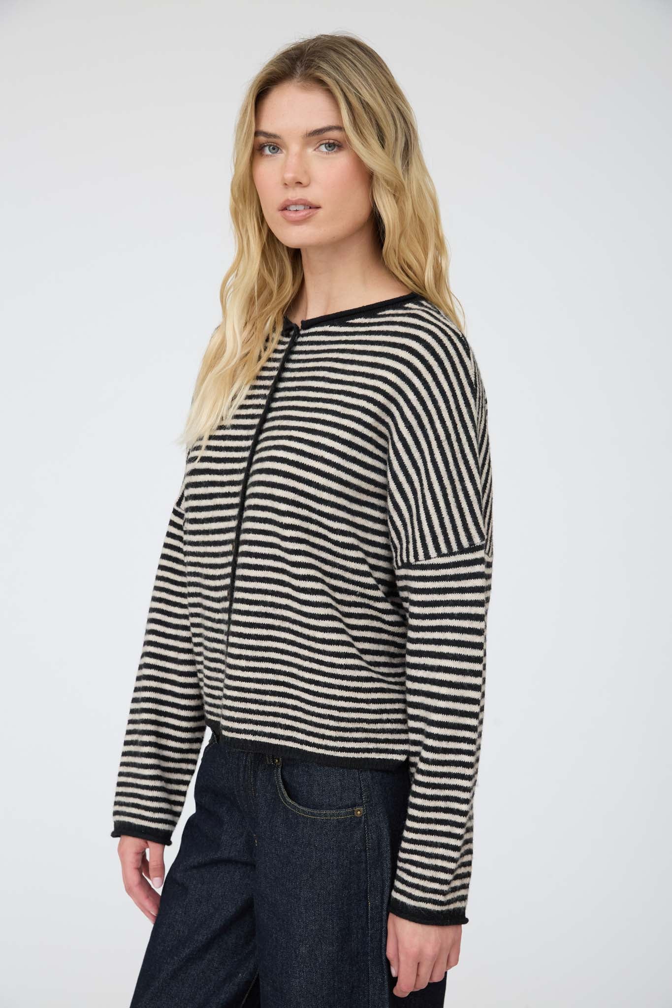 STRIPE RAW EDGE BUTTON DOWN LONG SLEEVE CARDIGAN (PRE-ORDER)