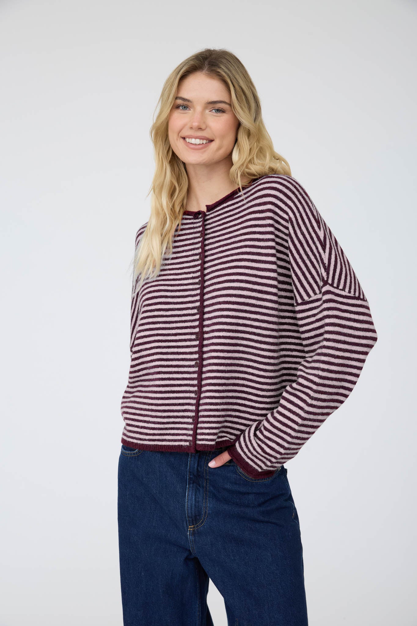 STRIPE RAW EDGE BUTTON DOWN LONG SLEEVE CARDIGAN (PRE-ORDER)