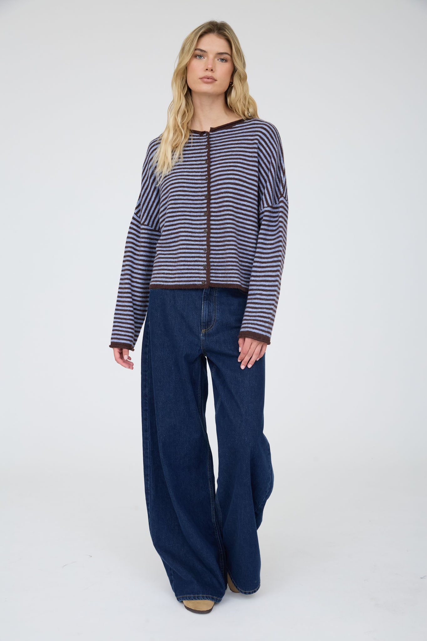 STRIPE RAW EDGE BUTTON DOWN LONG SLEEVE CARDIGAN (PRE-ORDER)