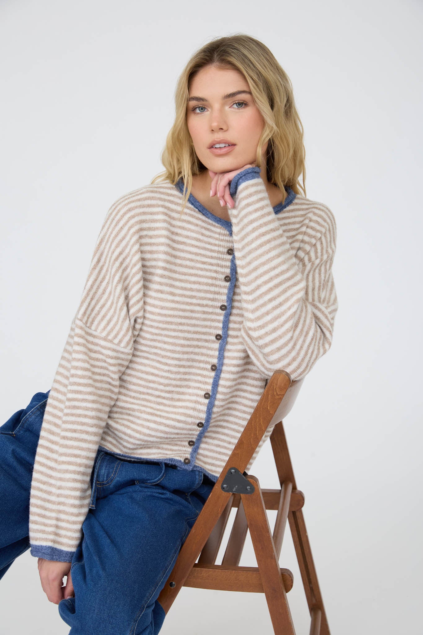 STRIPE RAW EDGE BUTTON DOWN LONG SLEEVE CARDIGAN (PRE-ORDER)