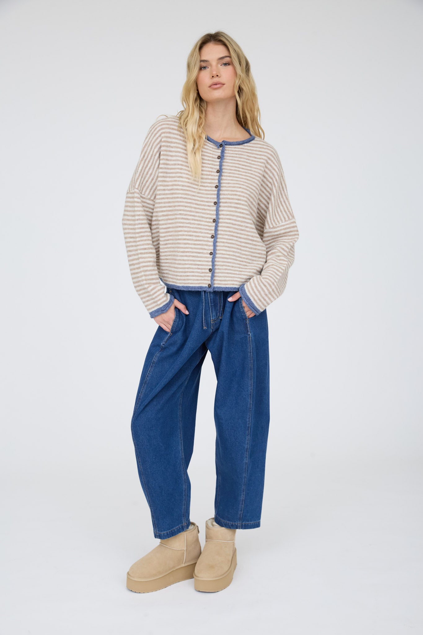 STRIPE RAW EDGE BUTTON DOWN LONG SLEEVE CARDIGAN (PRE-ORDER)