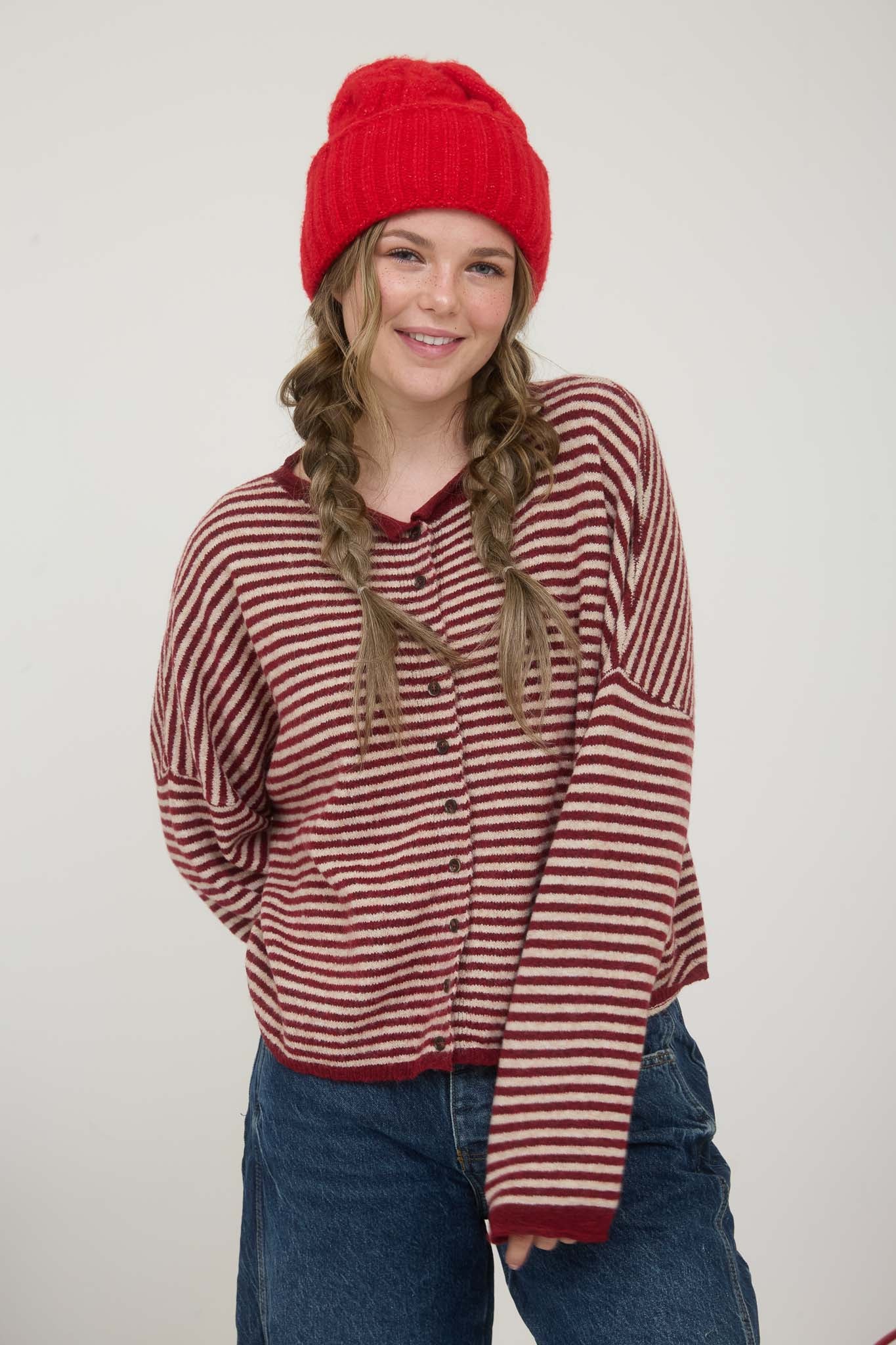 STRIPE RAW EDGE DROP SHOULDER KNIT CARDIGAN