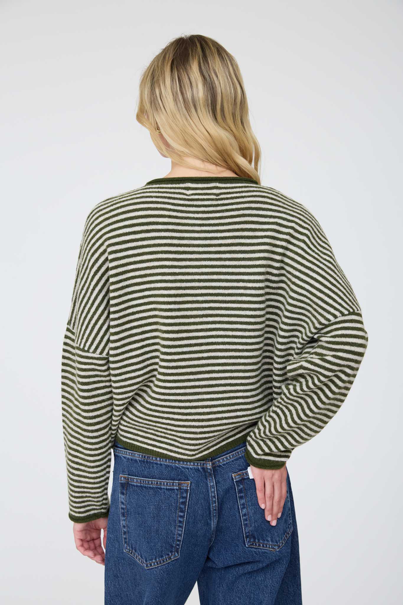 STRIPE RAW EDGE DROP SHOULDER KNIT CARDIGAN