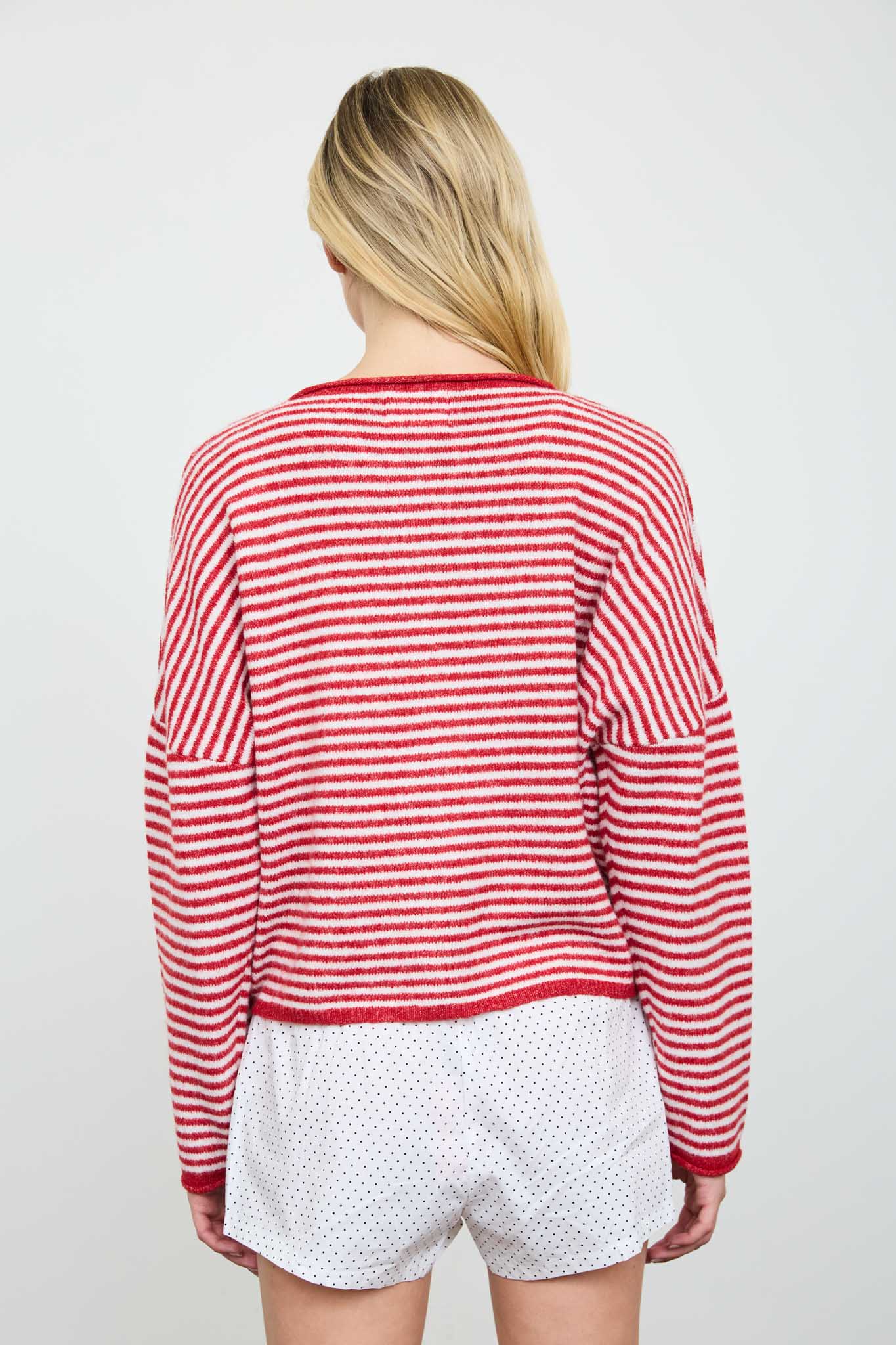 STRIPE RAW EDGE DROP SHOULDER KNIT CARDIGAN