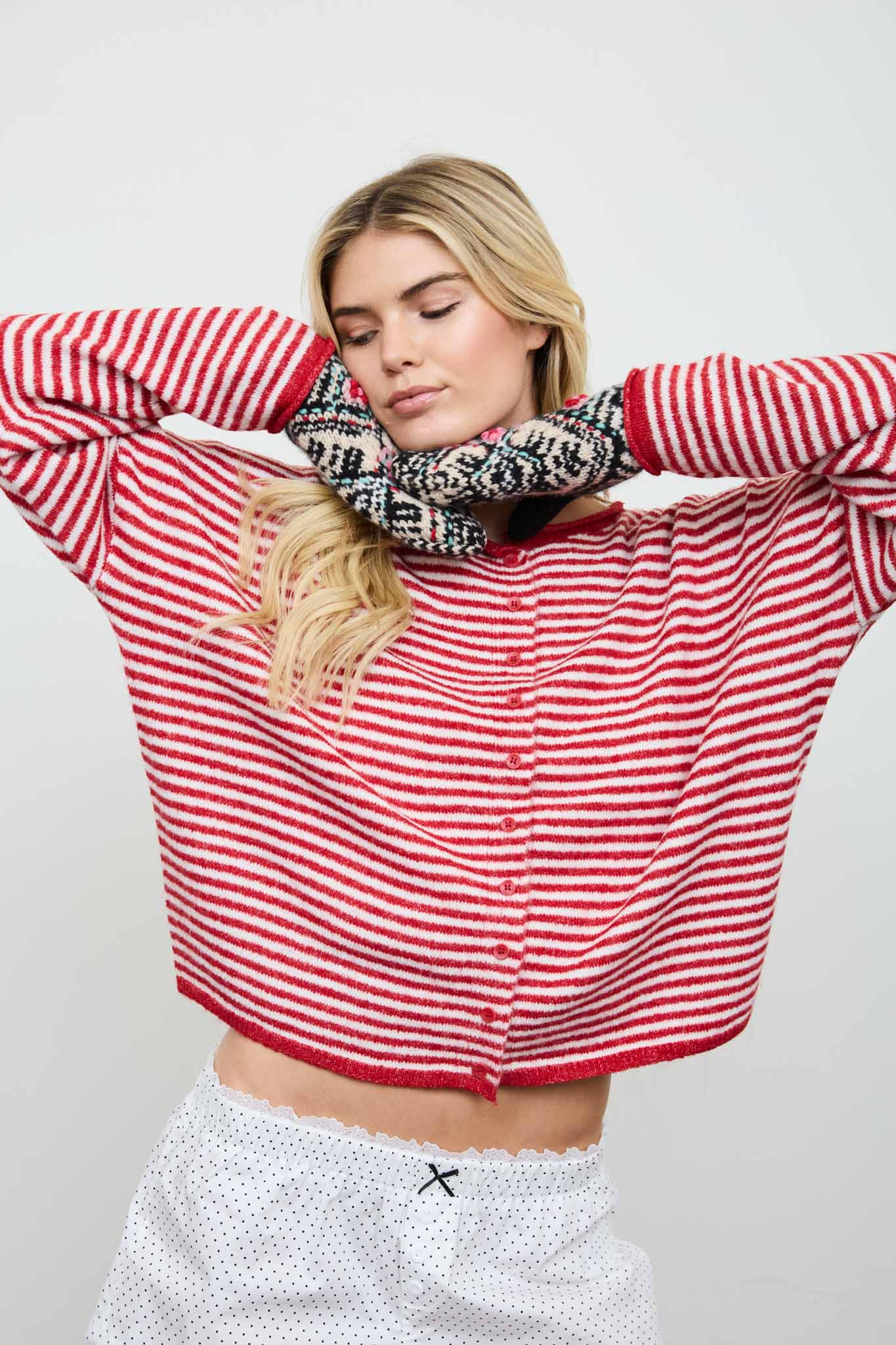 STRIPE RAW EDGE DROP SHOULDER KNIT CARDIGAN