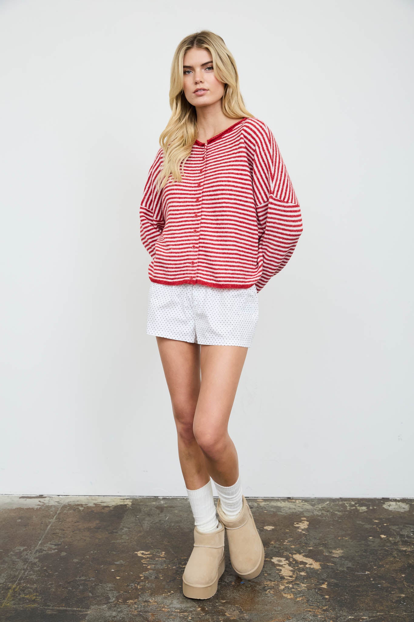 STRIPE RAW EDGE DROP SHOULDER KNIT CARDIGAN