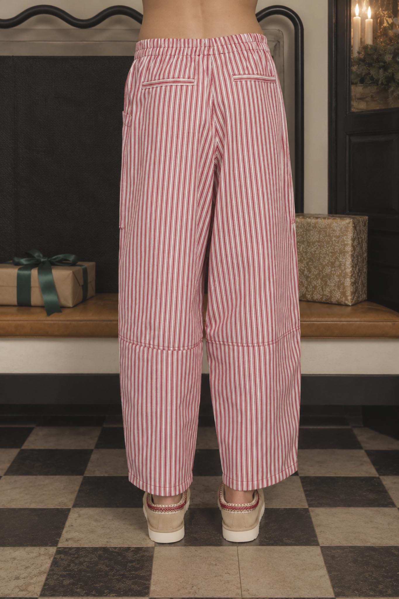 STRIPE POCKET DETAIL WIDE LEG PANTS