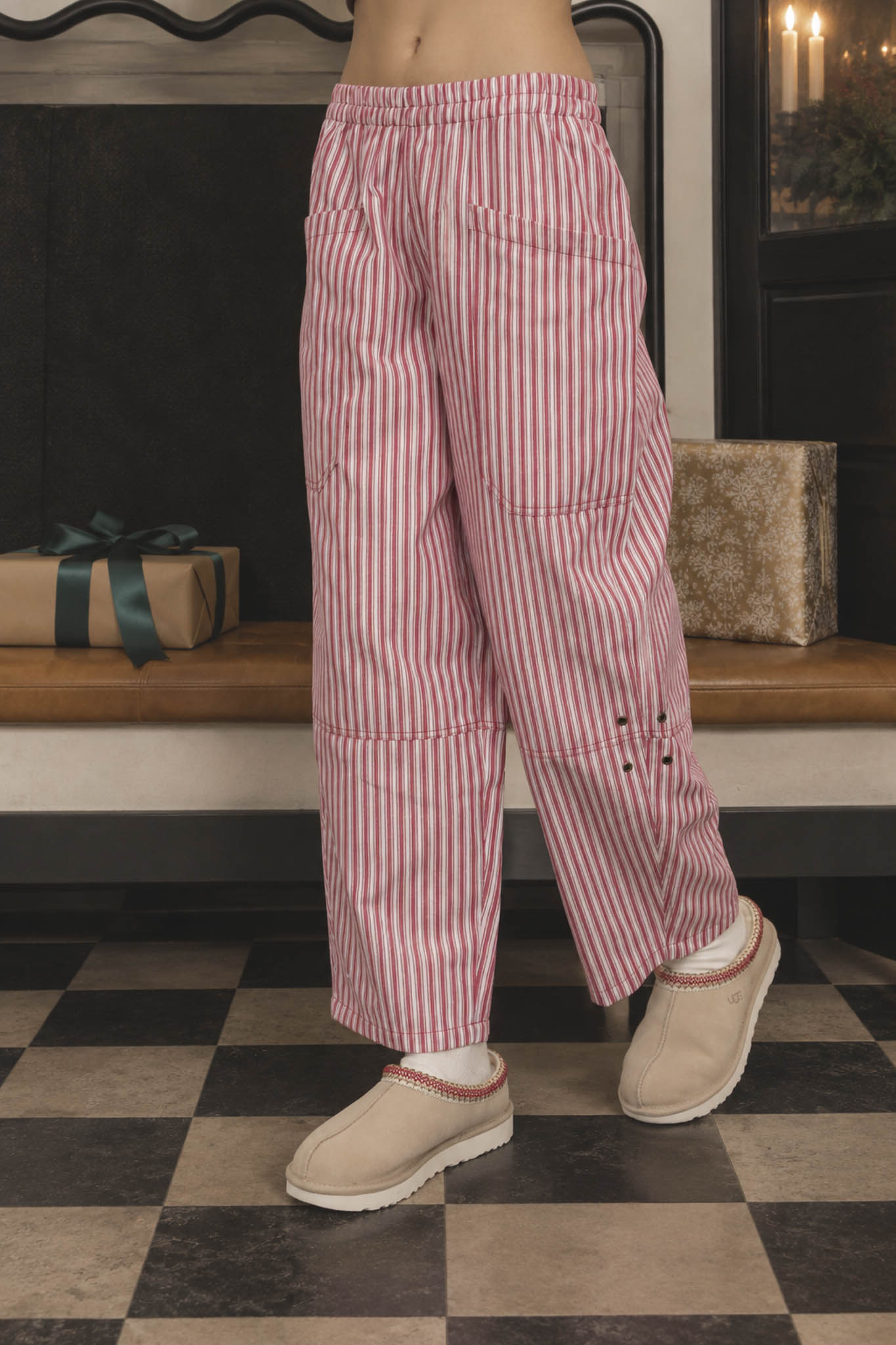 STRIPE POCKET DETAIL WIDE LEG PANTS