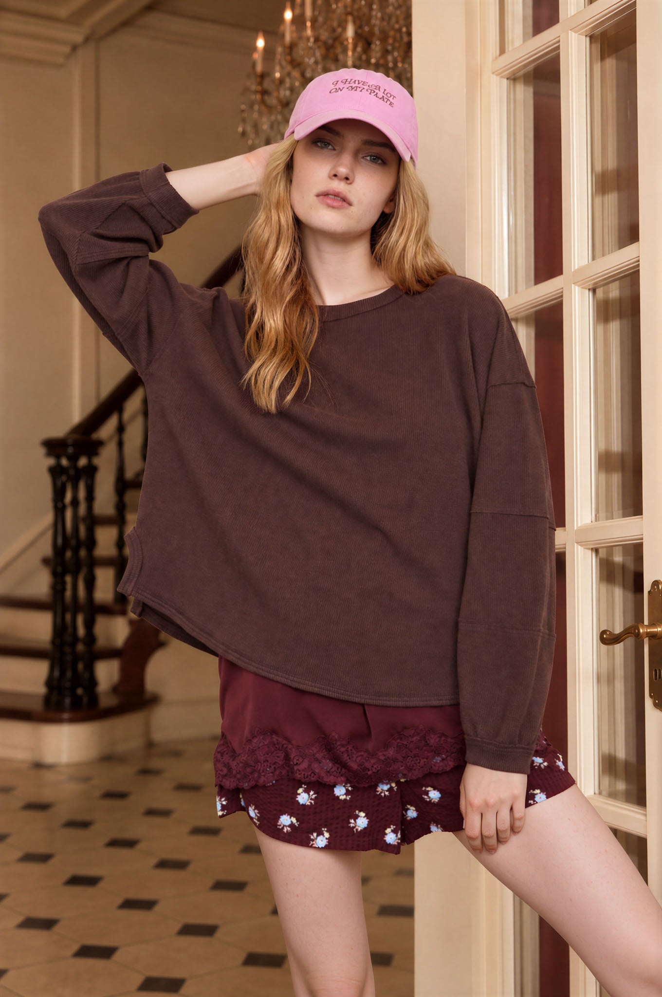 RIBBED EXTENDED SHOULDER BOXY CREW NECK KNIT TOP