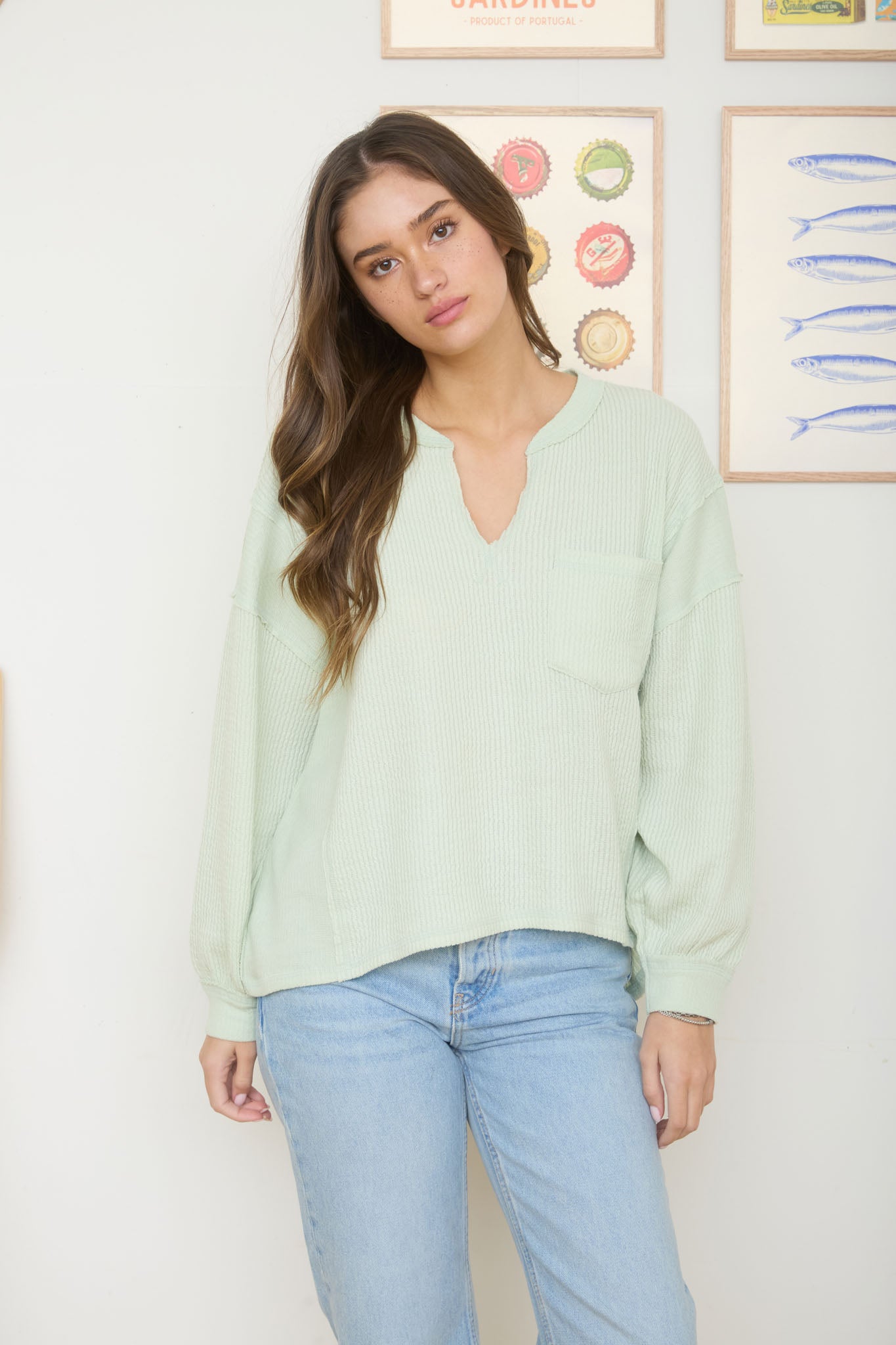SPLIT NECK RAW EDGE LONG SLEEVE RIBBED KNIT TOP (PRE-ORDER)