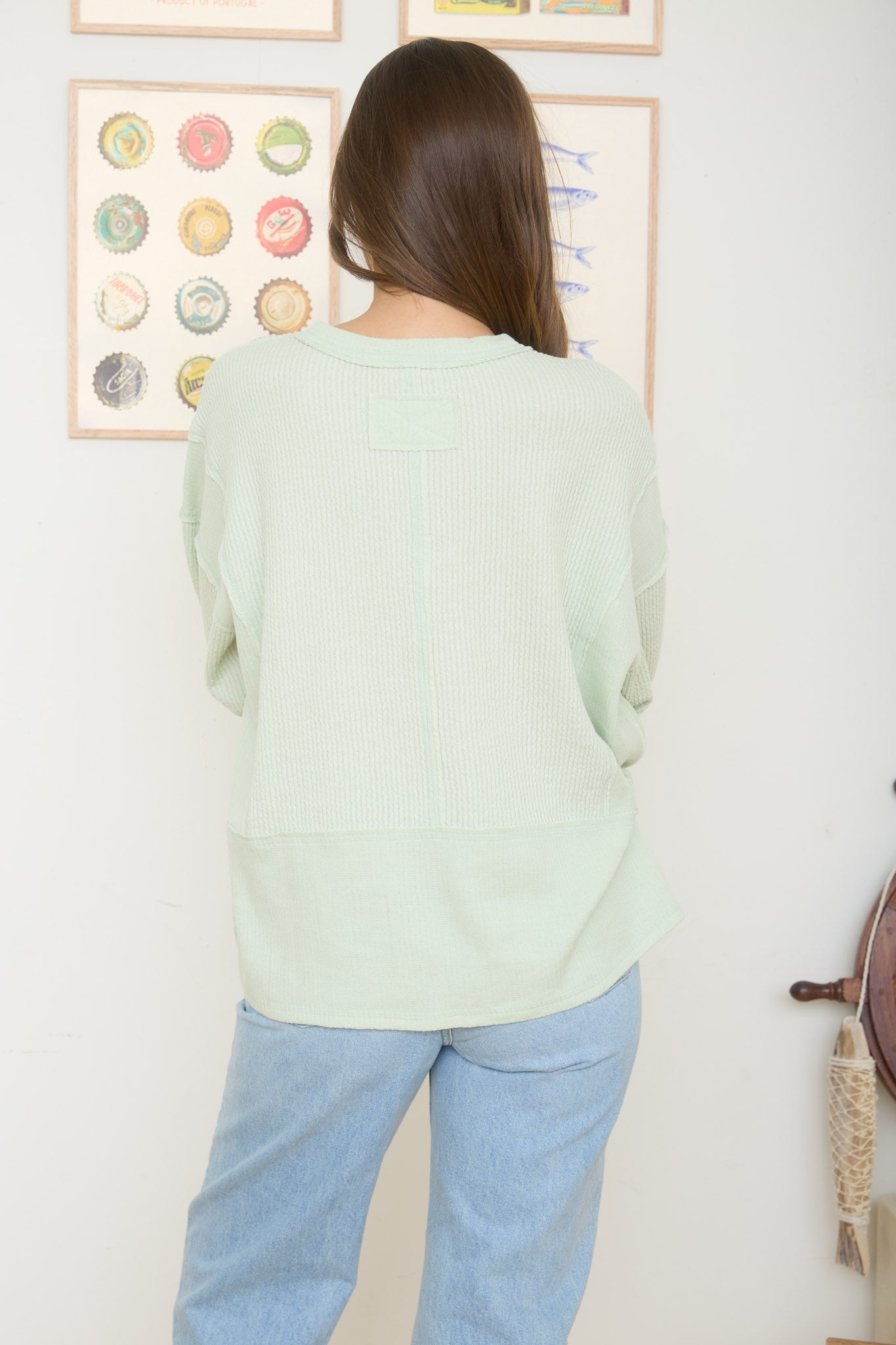 SPLIT NECK RAW EDGE LONG SLEEVE RIBBED KNIT TOP (PRE-ORDER)