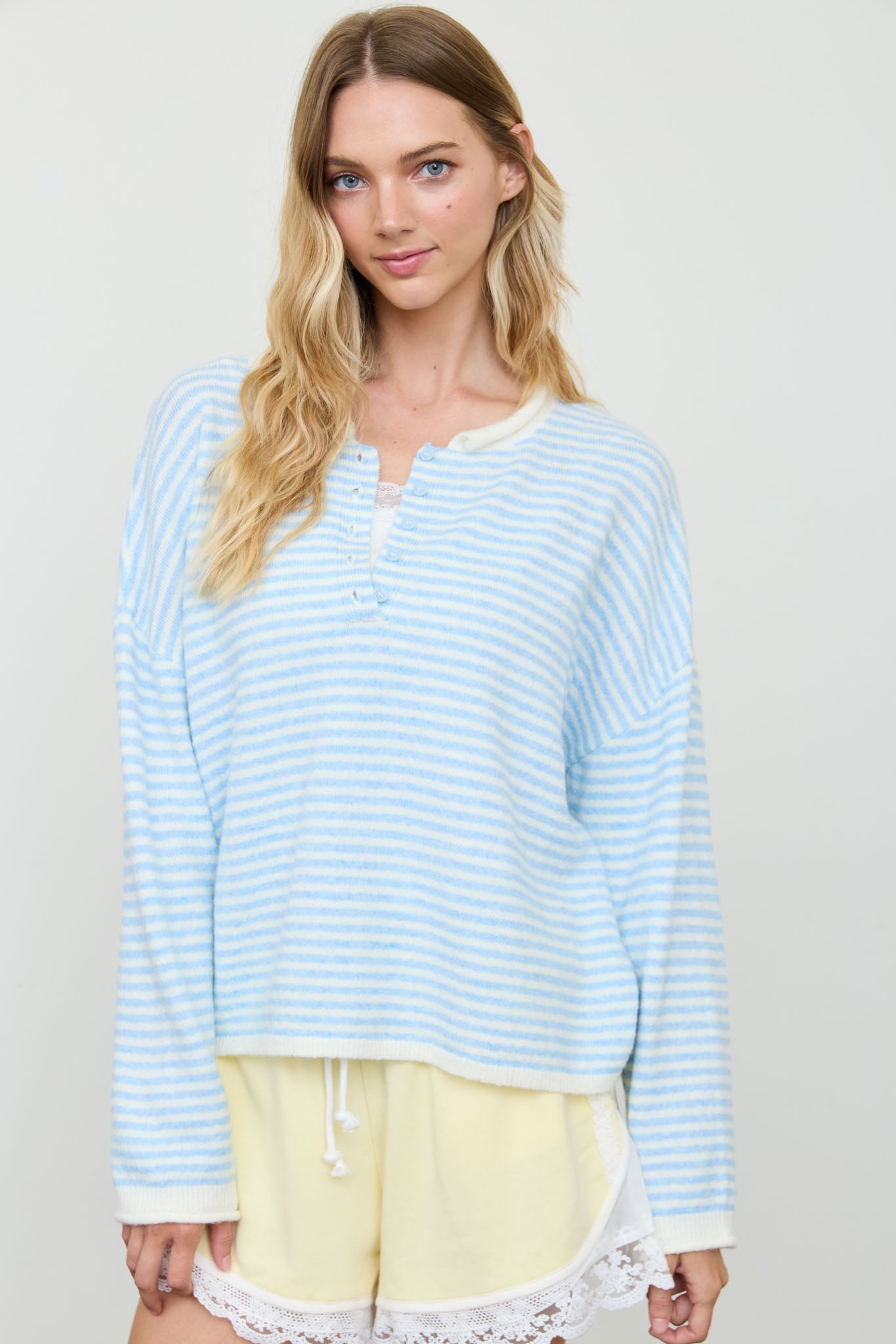 STRIPE BUTTON HENLEY ROLLED NECK KNIT PULLOVER (PRE-ORDER)