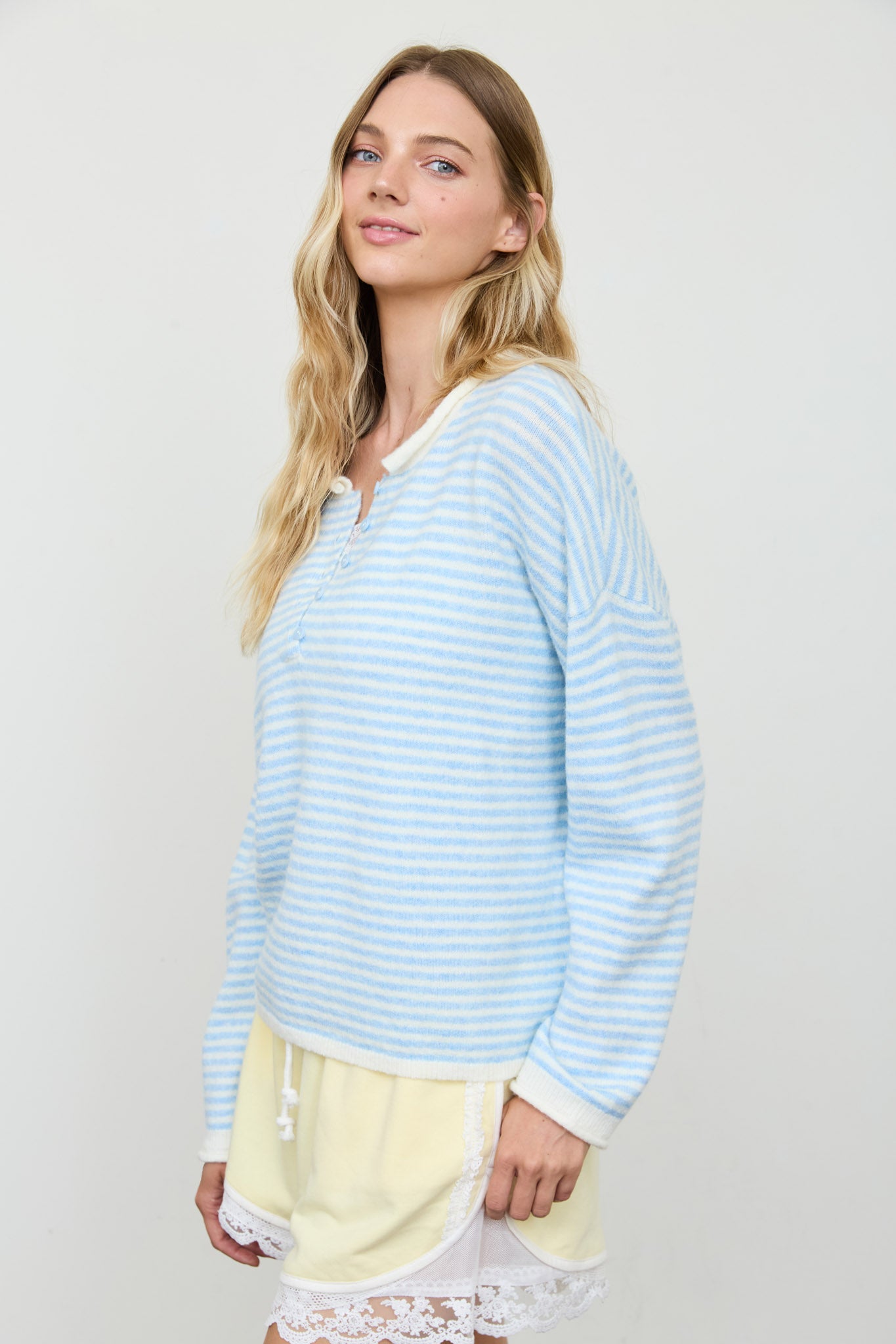 STRIPE BUTTON HENLEY ROLLED NECK KNIT PULLOVER (PRE-ORDER)