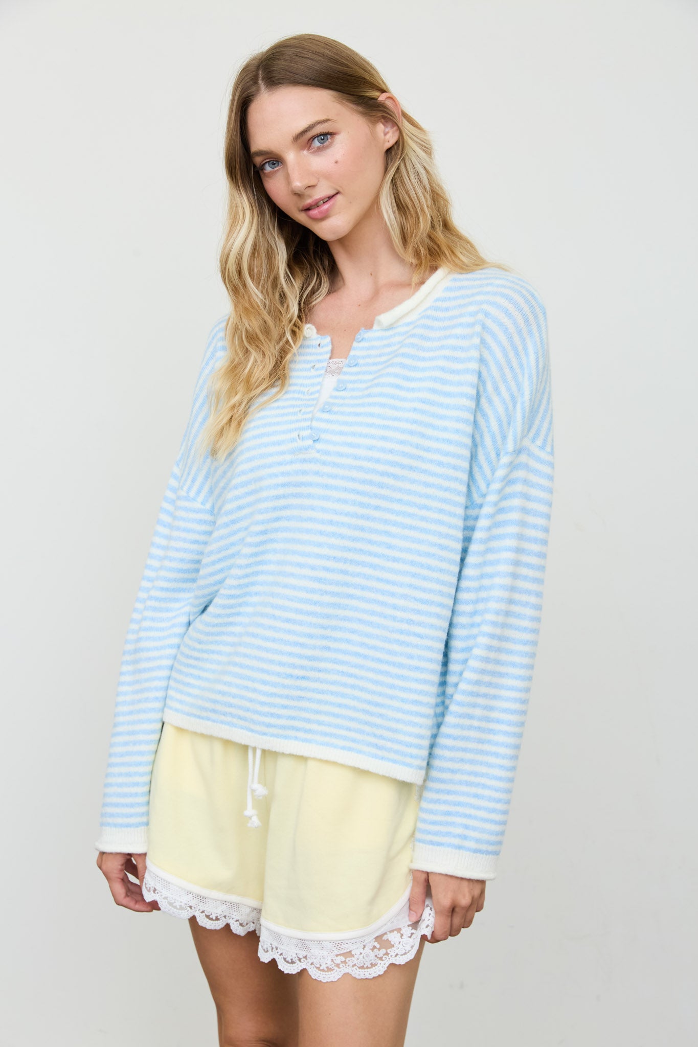 STRIPE BUTTON HENLEY ROLLED NECK KNIT PULLOVER (PRE-ORDER)
