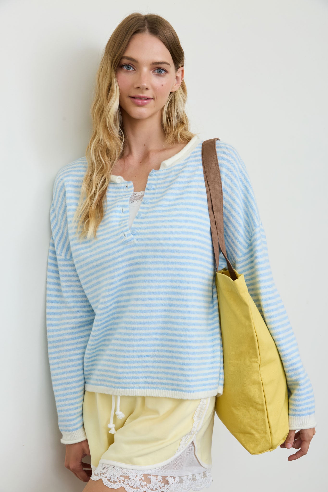 STRIPE BUTTON HENLEY ROLLED NECK KNIT PULLOVER (PRE-ORDER)