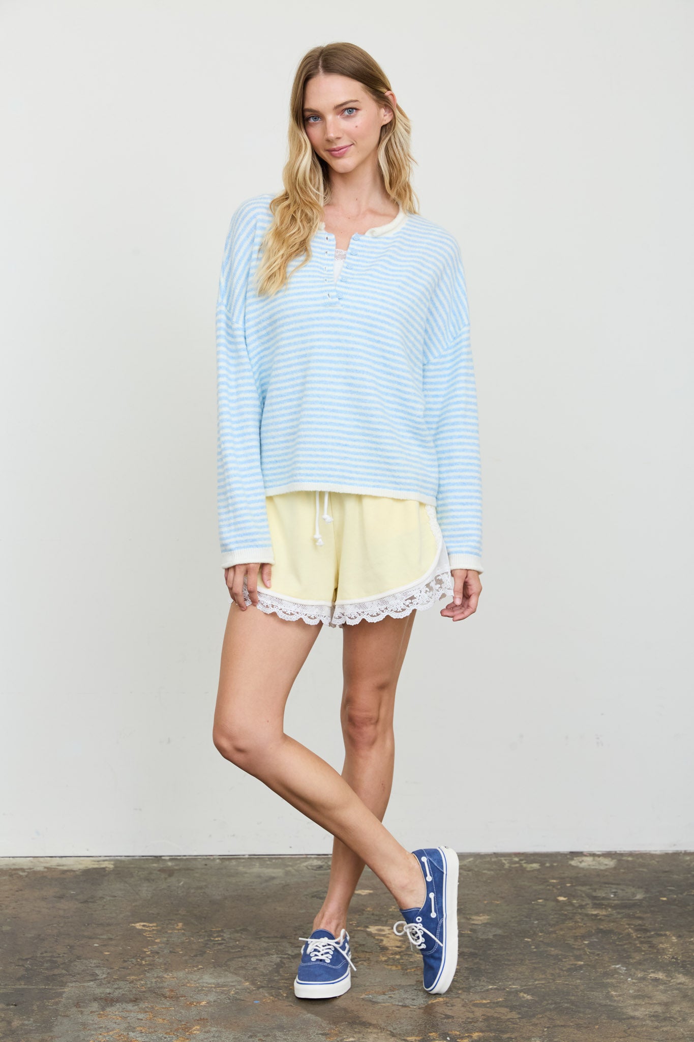 STRIPE BUTTON HENLEY ROLLED NECK KNIT PULLOVER (PRE-ORDER)