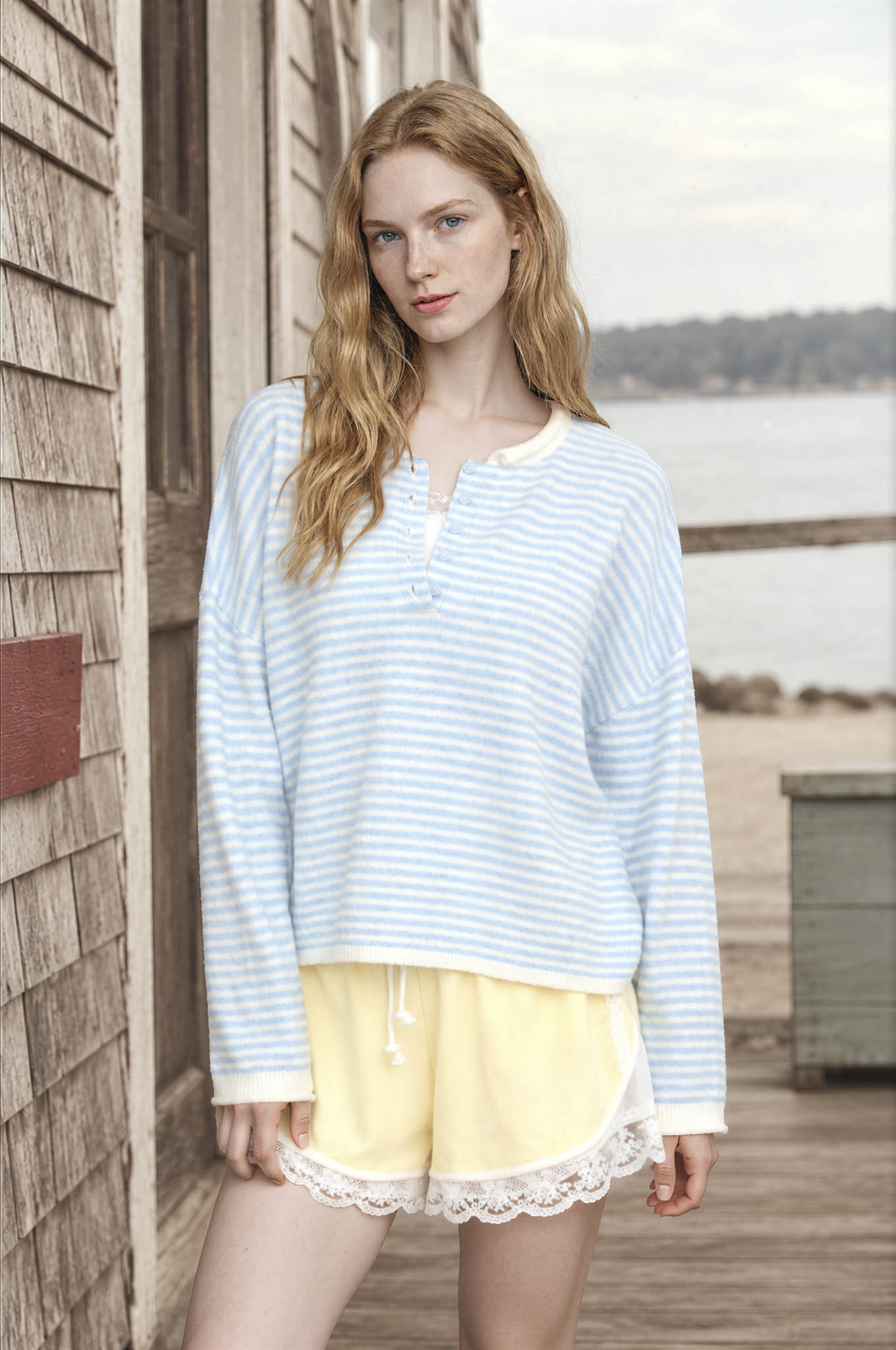 STRIPE BUTTON HENLEY ROLLED NECK KNIT PULLOVER (PRE-ORDER)