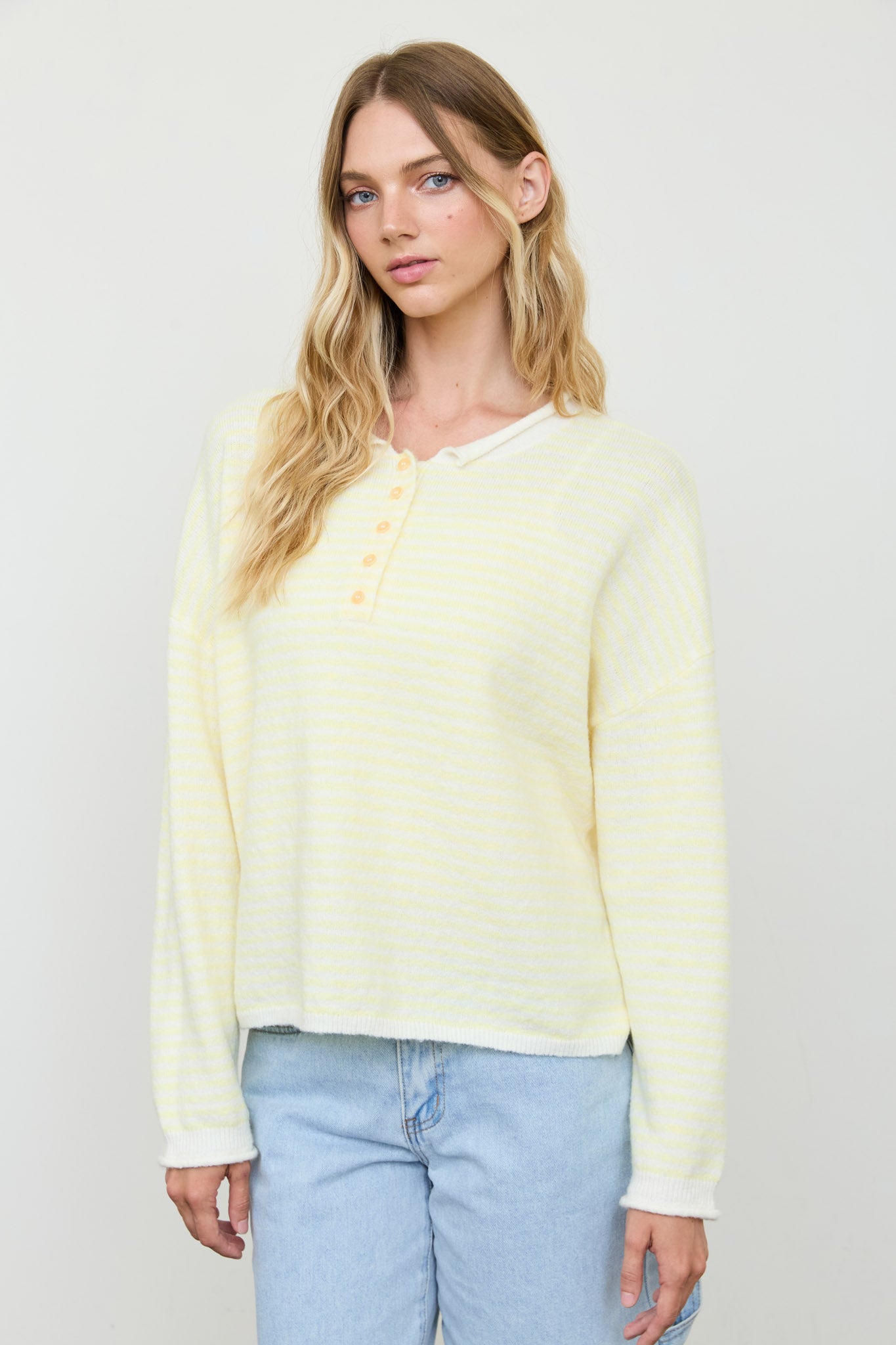 STRIPE BUTTON HENLEY ROLLED NECK KNIT PULLOVER (PRE-ORDER)