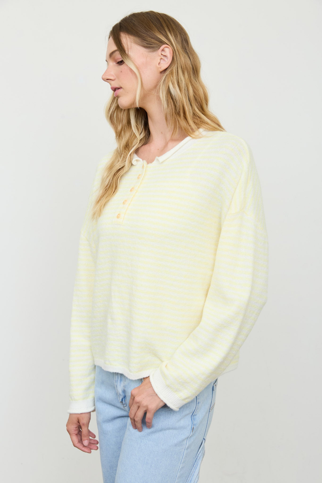 STRIPE BUTTON HENLEY ROLLED NECK KNIT PULLOVER (PRE-ORDER)