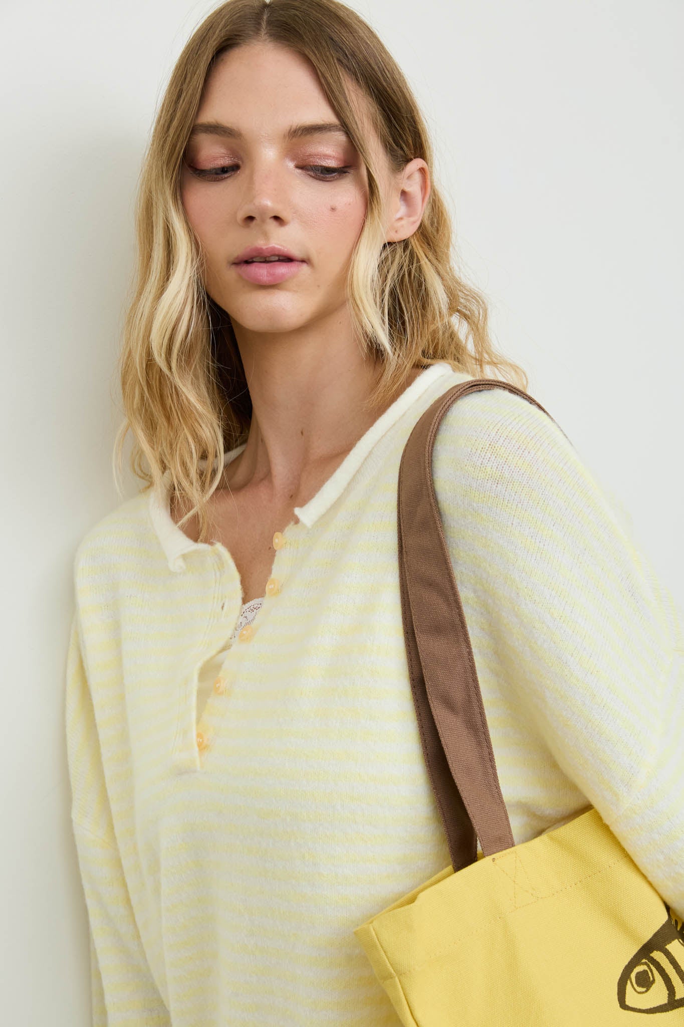 STRIPE BUTTON HENLEY ROLLED NECK KNIT PULLOVER (PRE-ORDER)