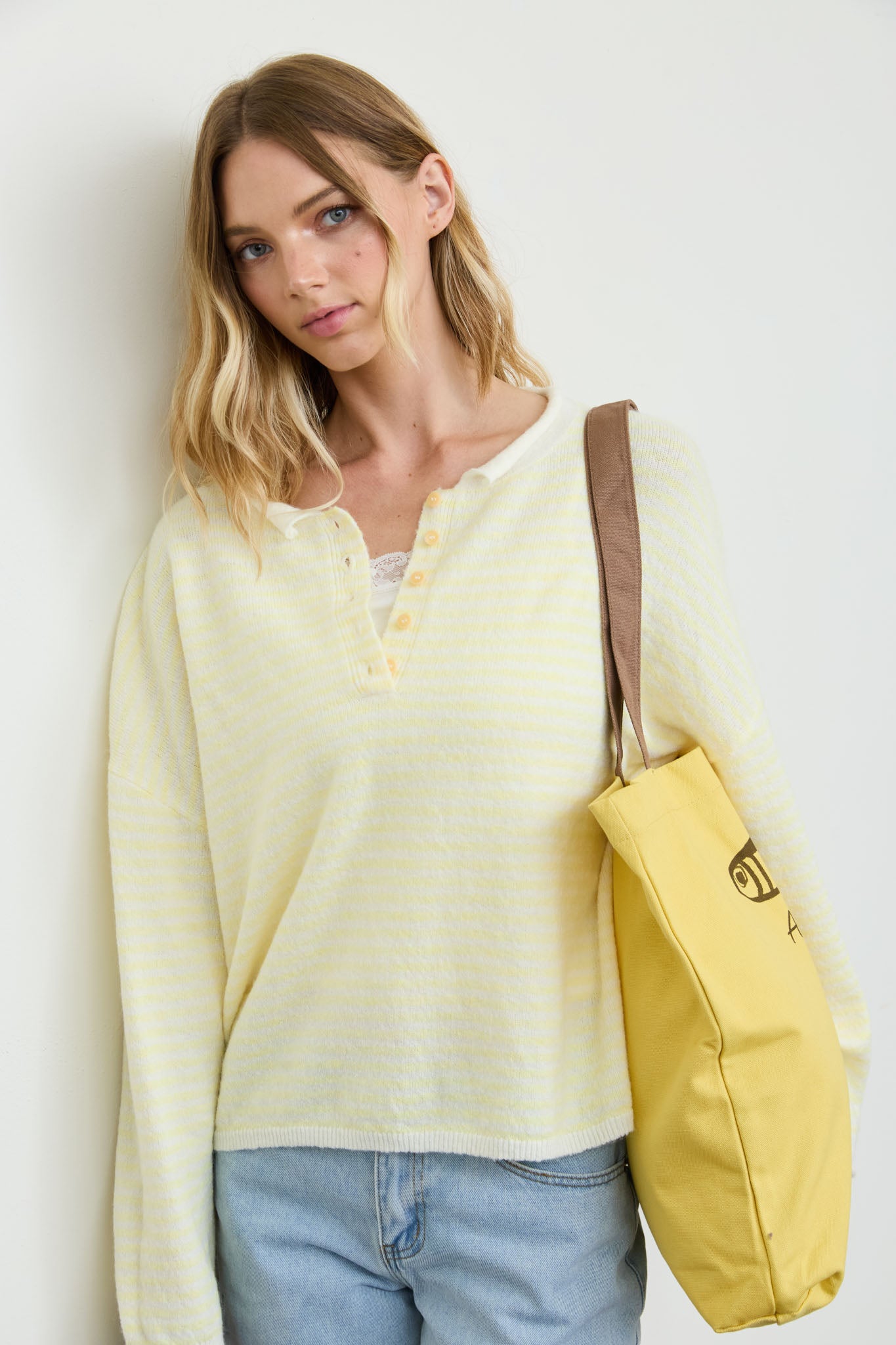 STRIPE BUTTON HENLEY ROLLED NECK KNIT PULLOVER (PRE-ORDER)