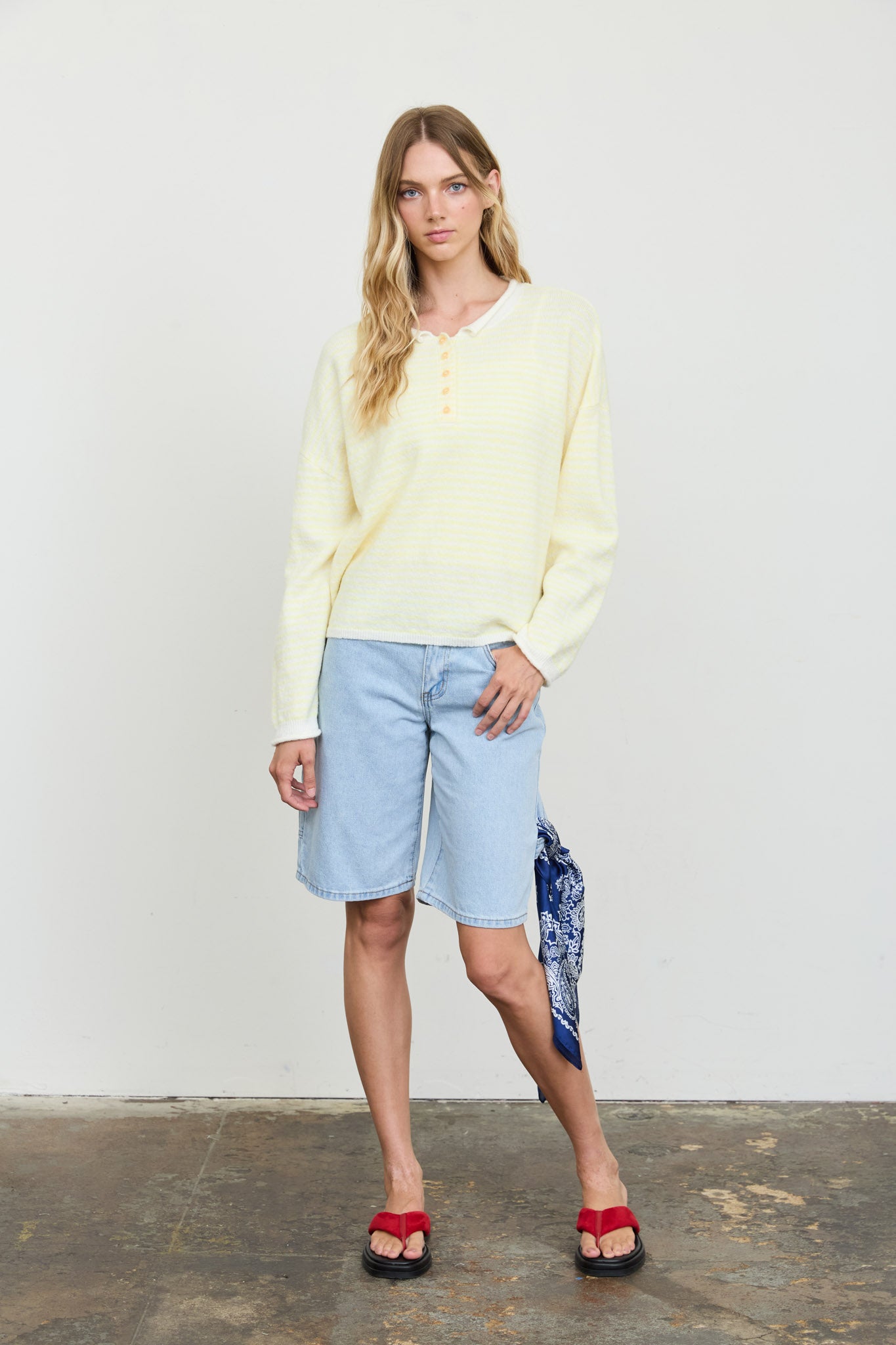 STRIPE BUTTON HENLEY ROLLED NECK KNIT PULLOVER (PRE-ORDER)