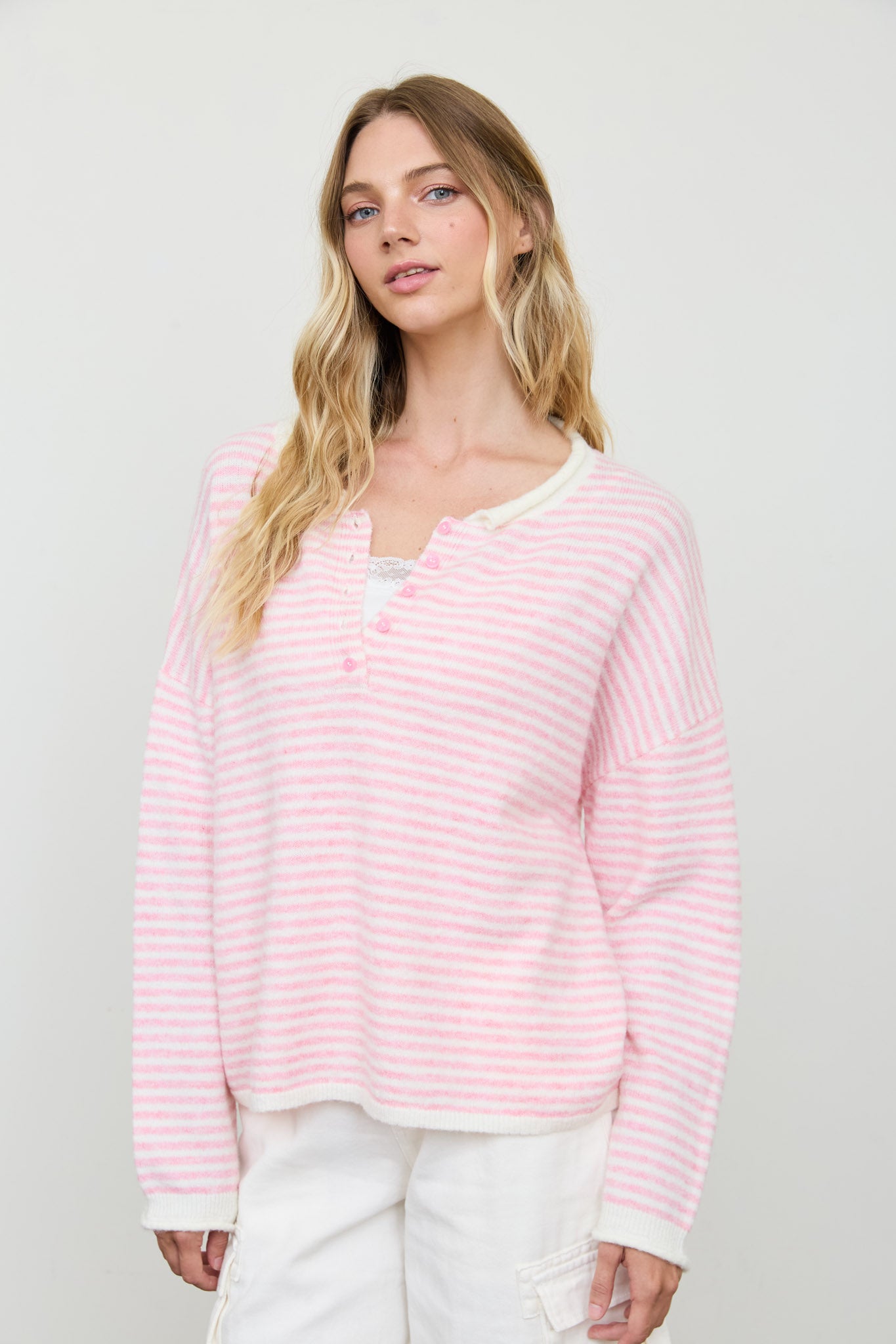 STRIPE BUTTON HENLEY ROLLED NECK KNIT PULLOVER (PRE-ORDER)
