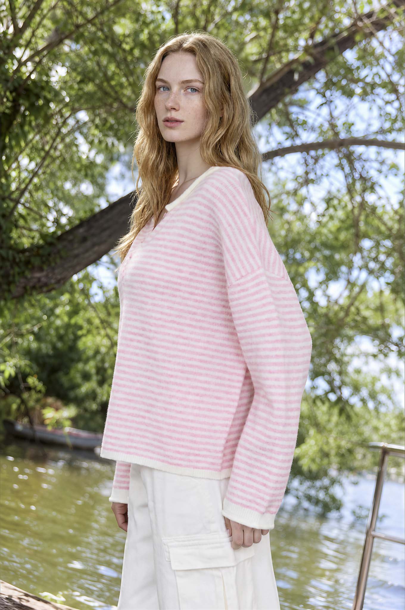 STRIPE BUTTON HENLEY ROLLED NECK KNIT PULLOVER (PRE-ORDER)