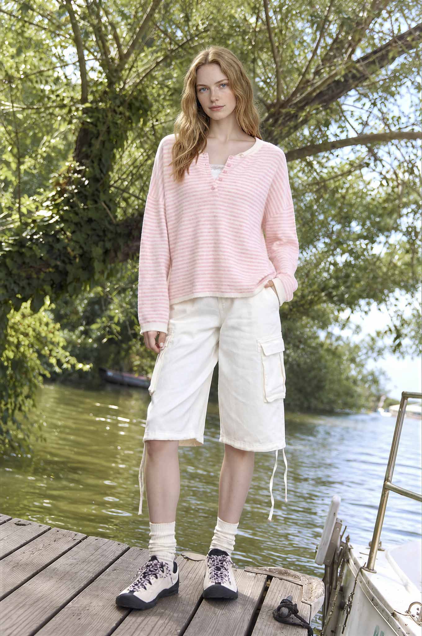 STRIPE BUTTON HENLEY ROLLED NECK KNIT PULLOVER (PRE-ORDER)