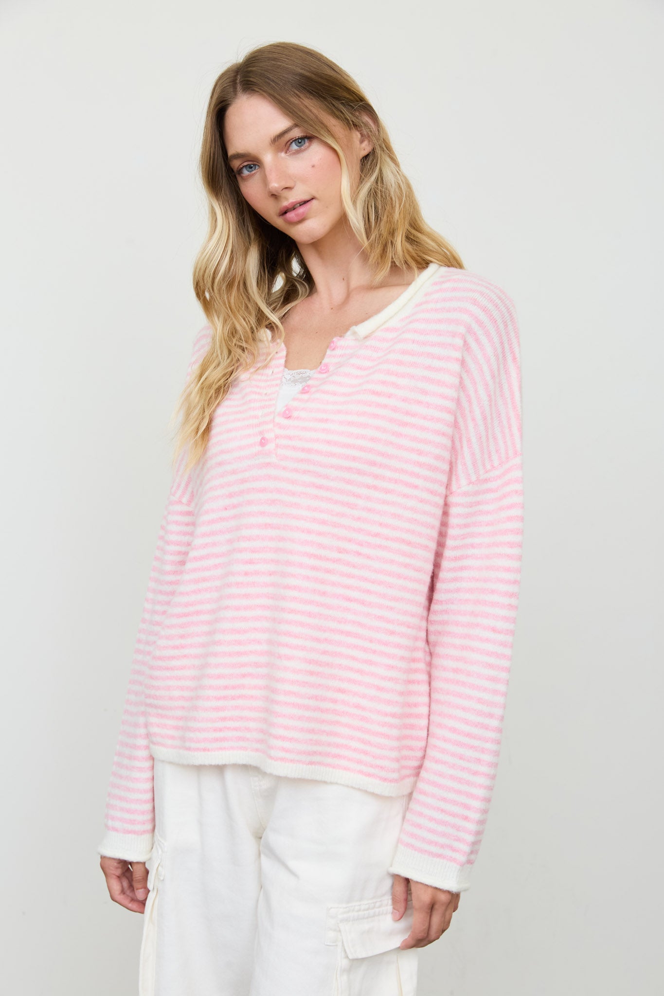 STRIPE BUTTON HENLEY ROLLED NECK KNIT PULLOVER (PRE-ORDER)