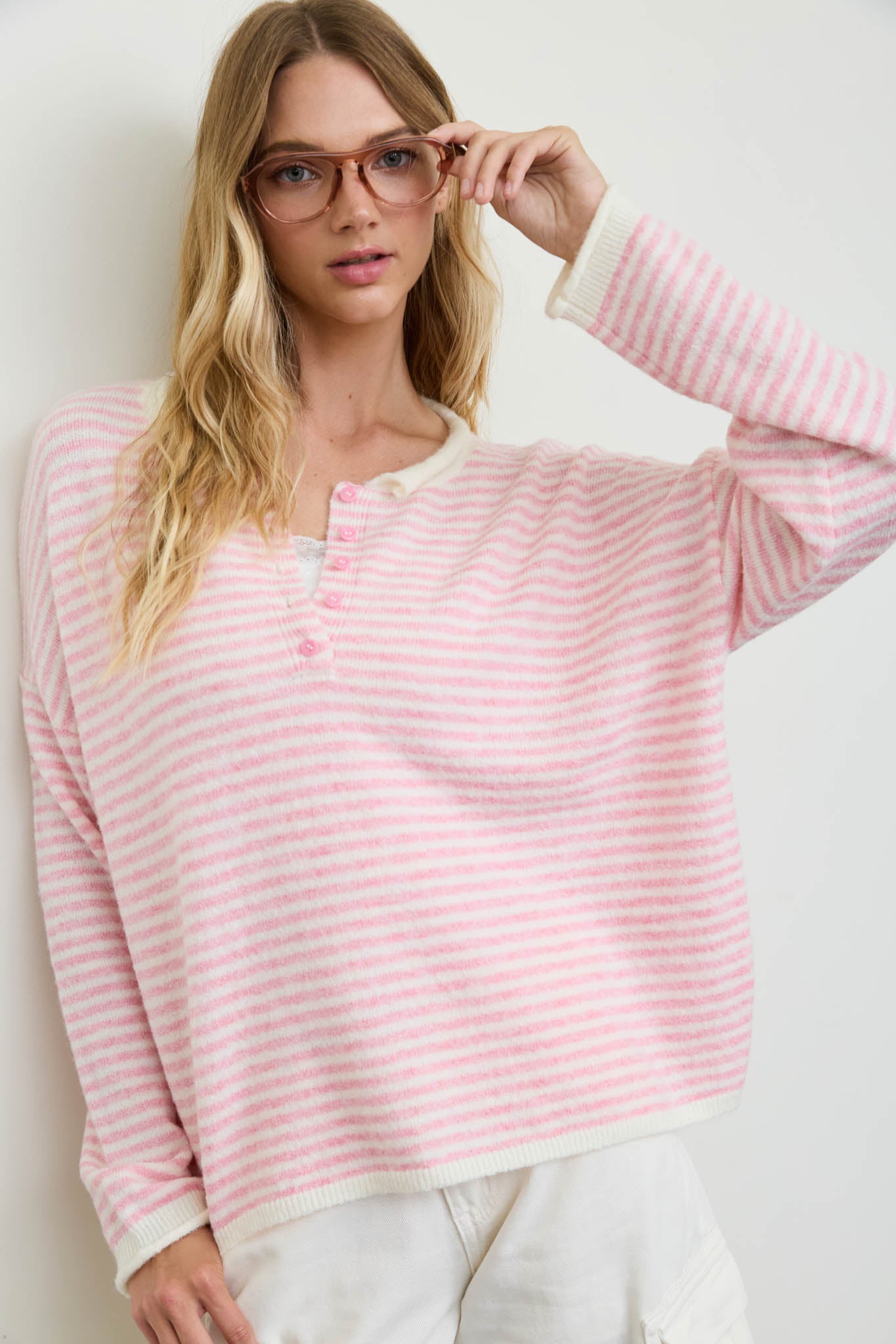 STRIPE BUTTON HENLEY ROLLED NECK KNIT PULLOVER (PRE-ORDER)