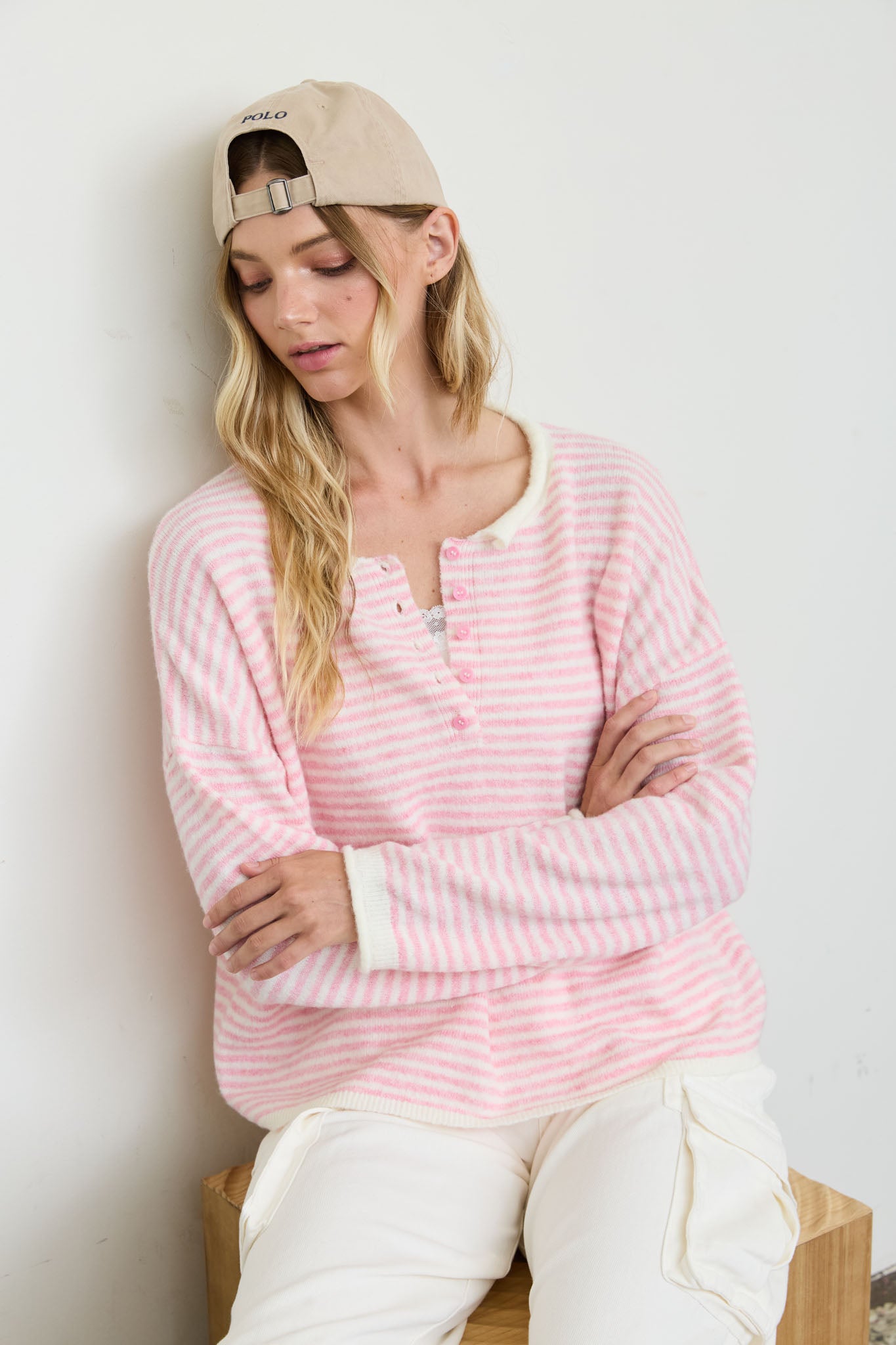 STRIPE BUTTON HENLEY ROLLED NECK KNIT PULLOVER (PRE-ORDER)