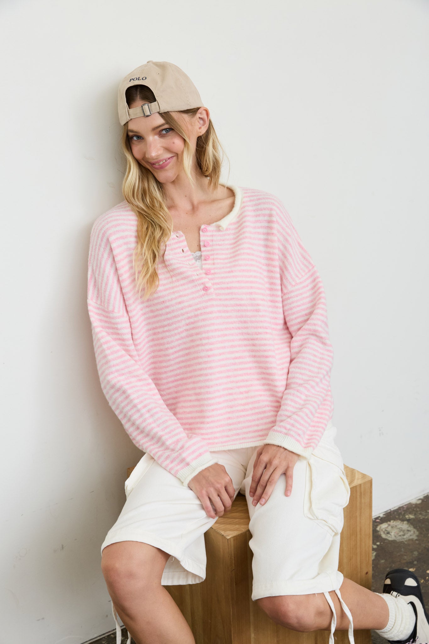 STRIPE BUTTON HENLEY ROLLED NECK KNIT PULLOVER (PRE-ORDER)