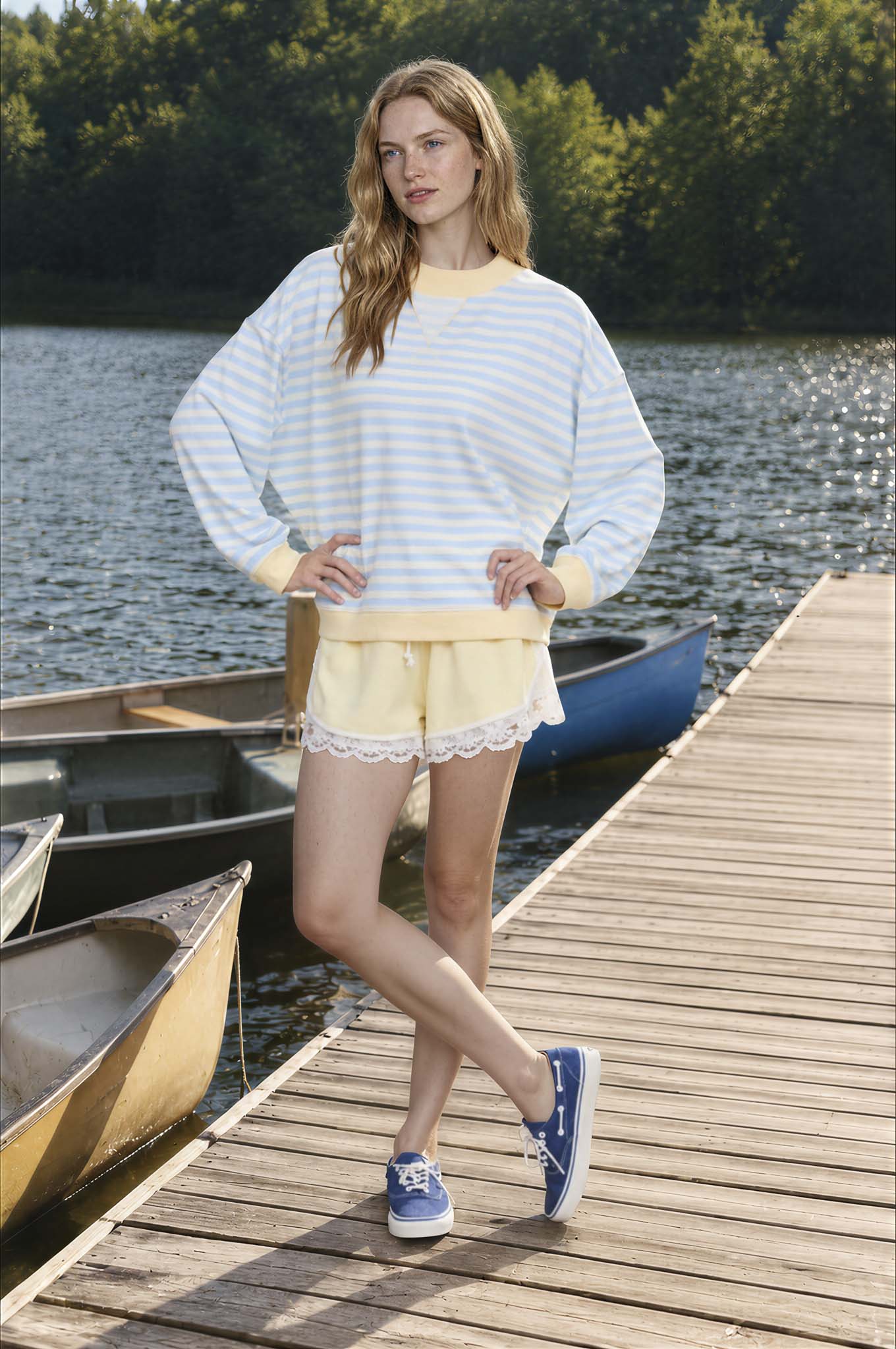 V STITCH STRIPED RIB TRIM LONG SLEEVE KNIT TOP (PRE-ORDER)