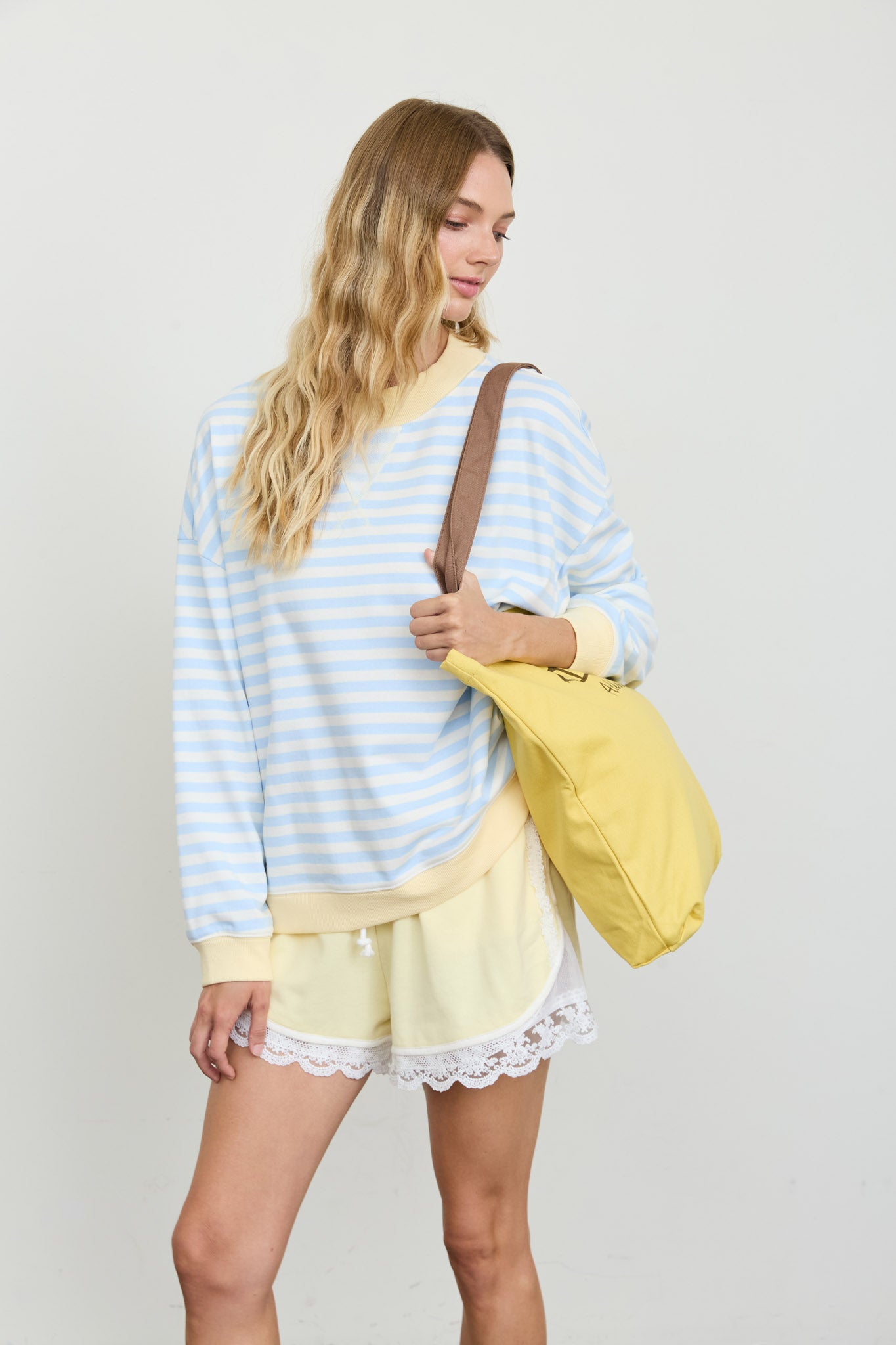V STITCH STRIPED RIB TRIM LONG SLEEVE KNIT TOP (PRE-ORDER)