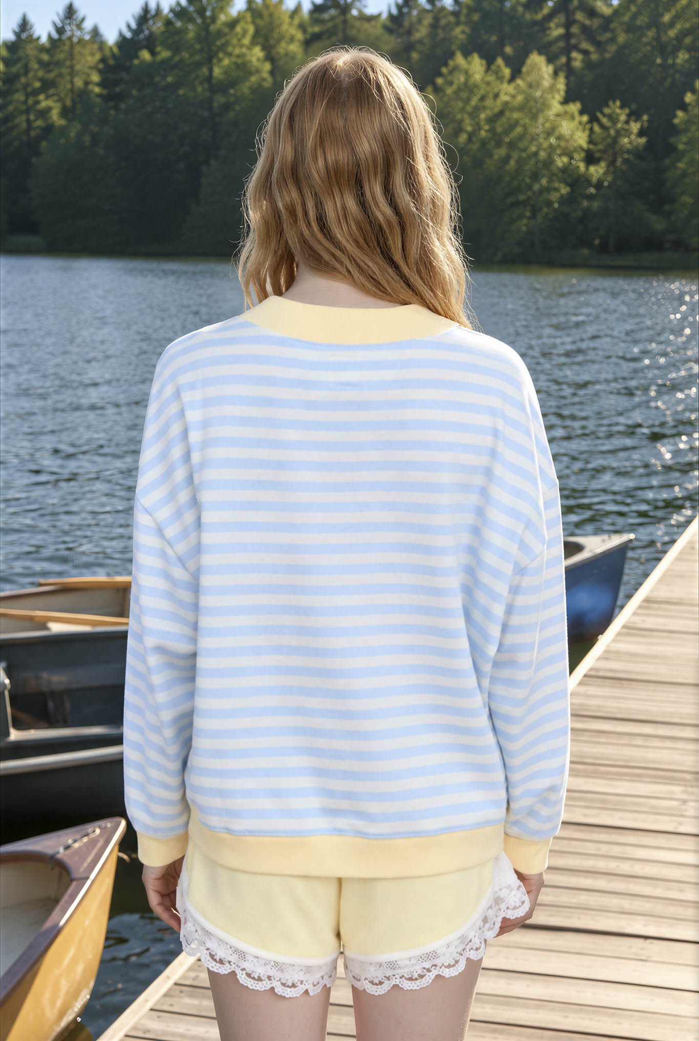 V STITCH STRIPED RIB TRIM LONG SLEEVE KNIT TOP (PRE-ORDER)
