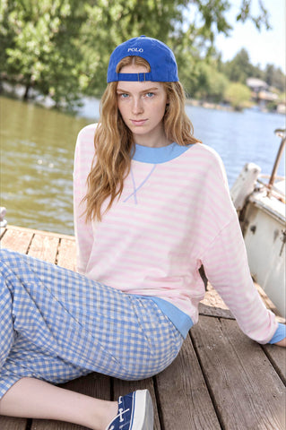 V STITCH STRIPED RIB TRIM LONG SLEEVE KNIT TOP (PRE-ORDER)