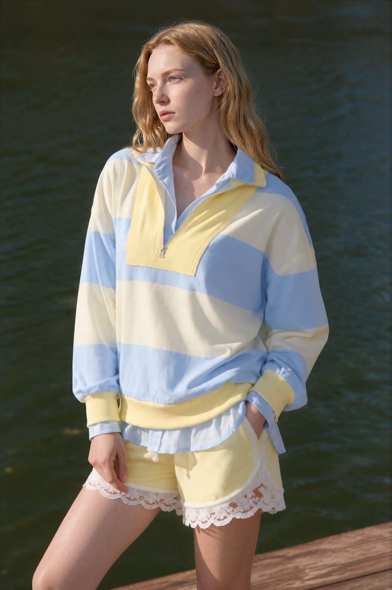 HALF ZIP WIDE CONTRAST STRIPE KNIT TOP (PRE-ORDER)