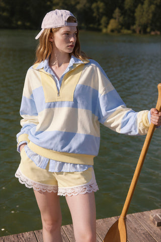 HALF ZIP WIDE CONTRAST STRIPE KNIT TOP (PRE-ORDER)