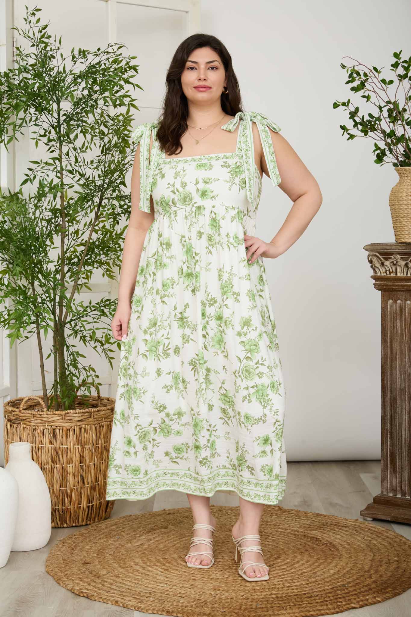 PLUS FLORAL BORDER EMPIRE WAIST MIDI DRESS