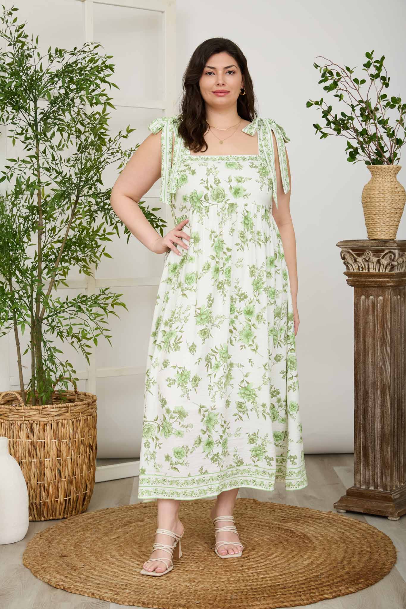 PLUS FLORAL BORDER EMPIRE WAIST MIDI DRESS