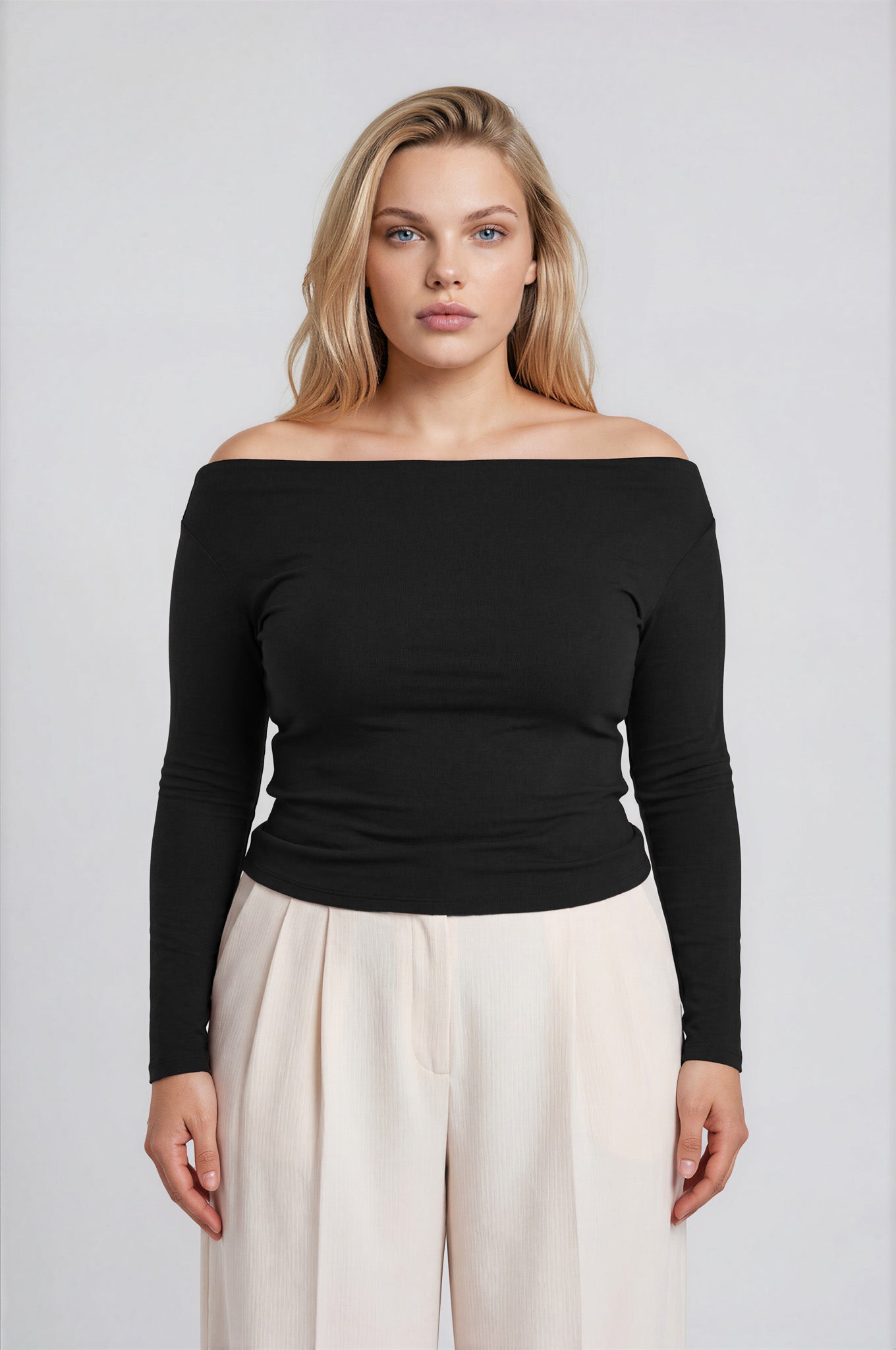 PLUS BOAT NECK PINTUCK DETAIL LONG SLEEVE KNIT TOP