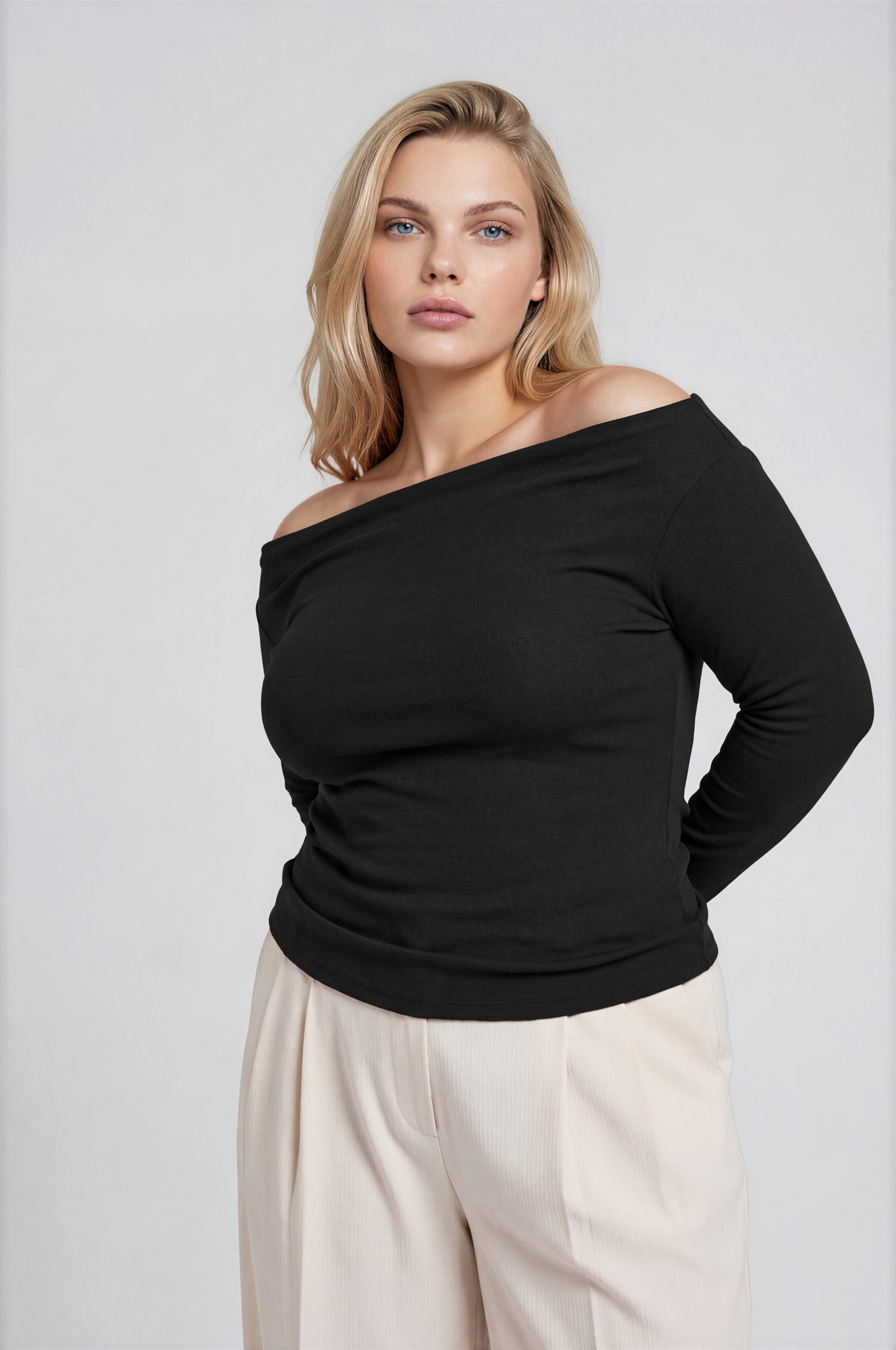 PLUS BOAT NECK PINTUCK DETAIL LONG SLEEVE KNIT TOP