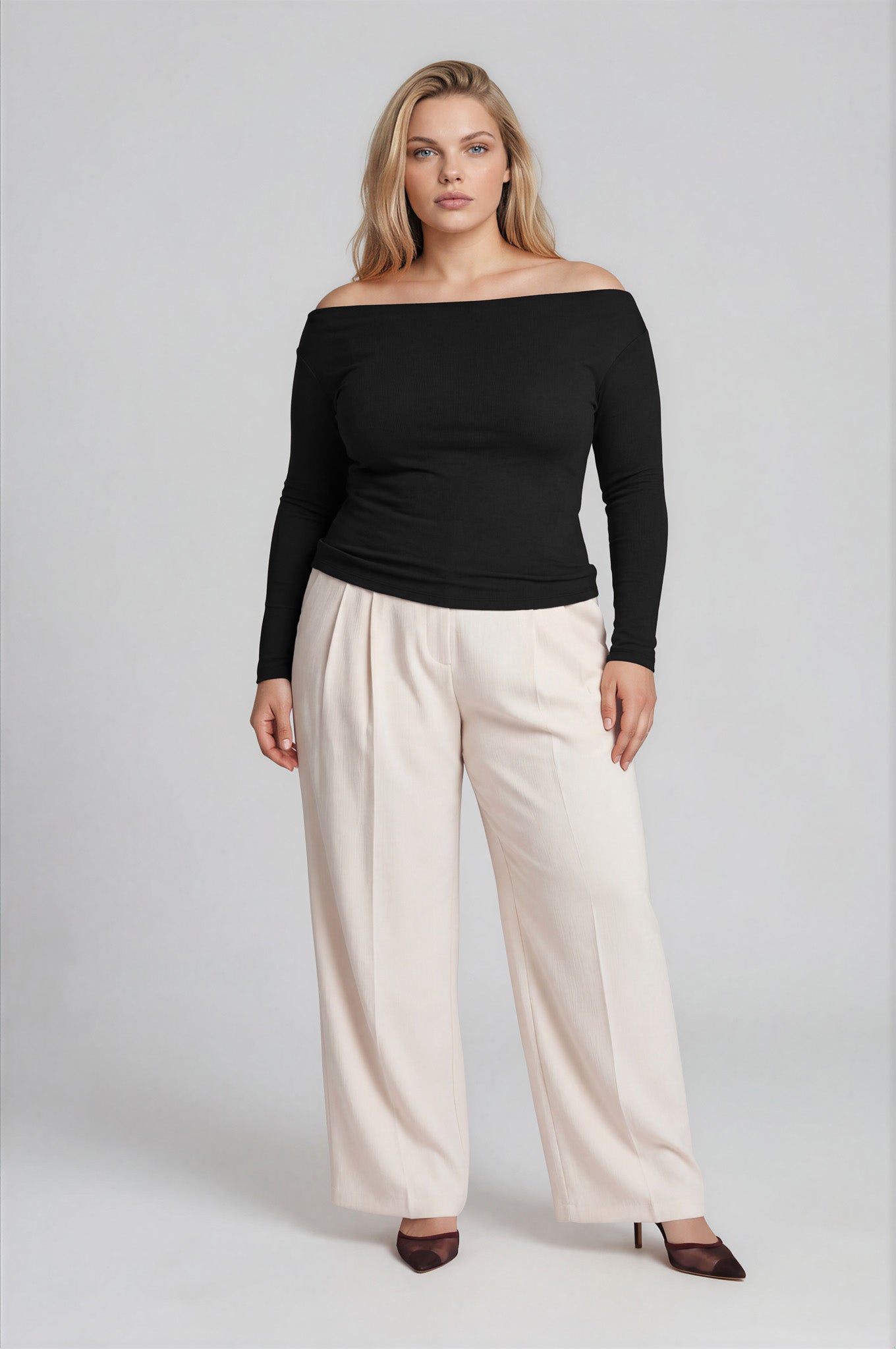 PLUS BOAT NECK PINTUCK DETAIL LONG SLEEVE KNIT TOP
