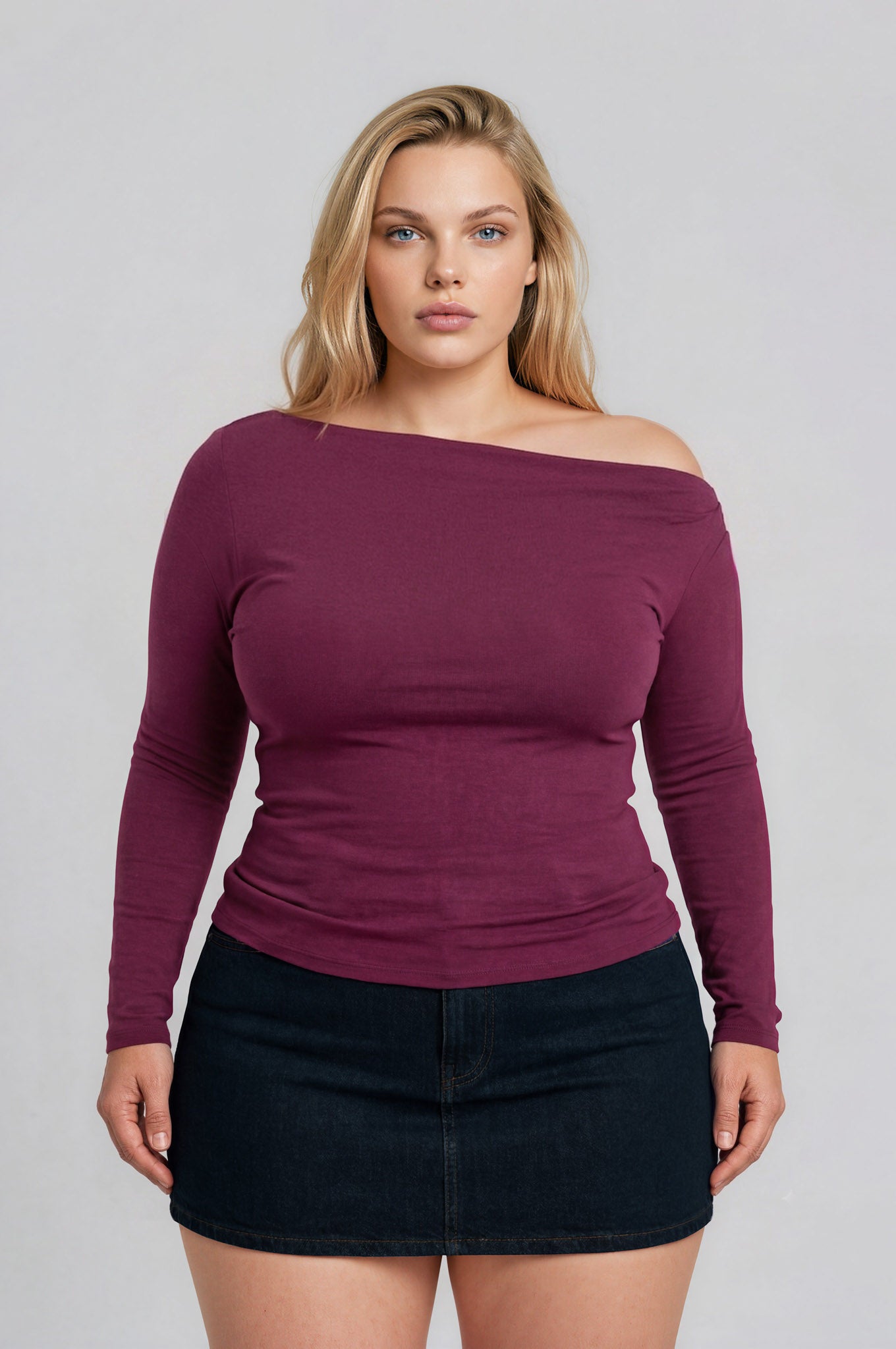PLUS BOAT NECK PINTUCK DETAIL LONG SLEEVE KNIT TOP