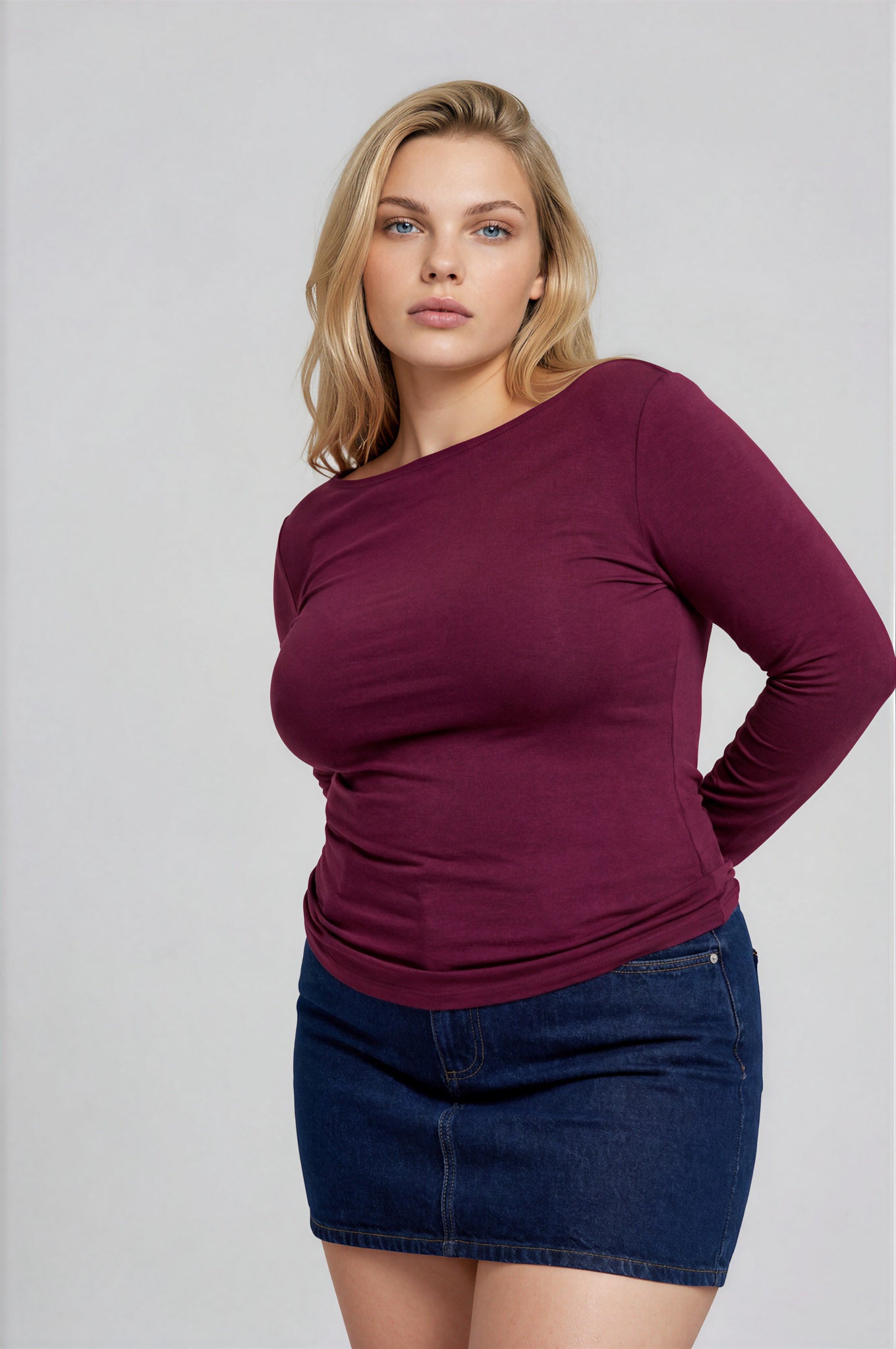 PLUS BOAT NECK PINTUCK DETAIL LONG SLEEVE KNIT TOP