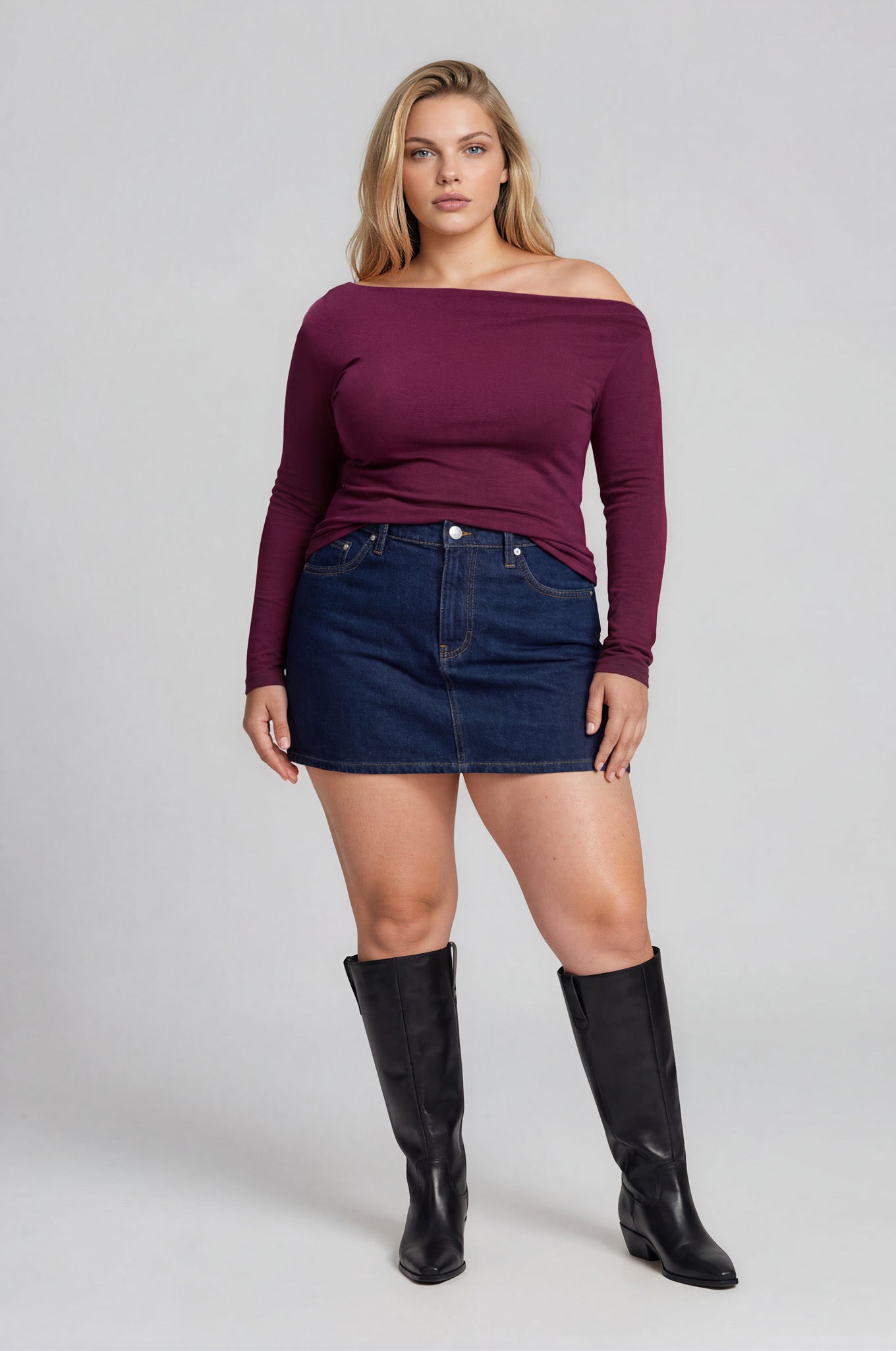 PLUS BOAT NECK PINTUCK DETAIL LONG SLEEVE KNIT TOP
